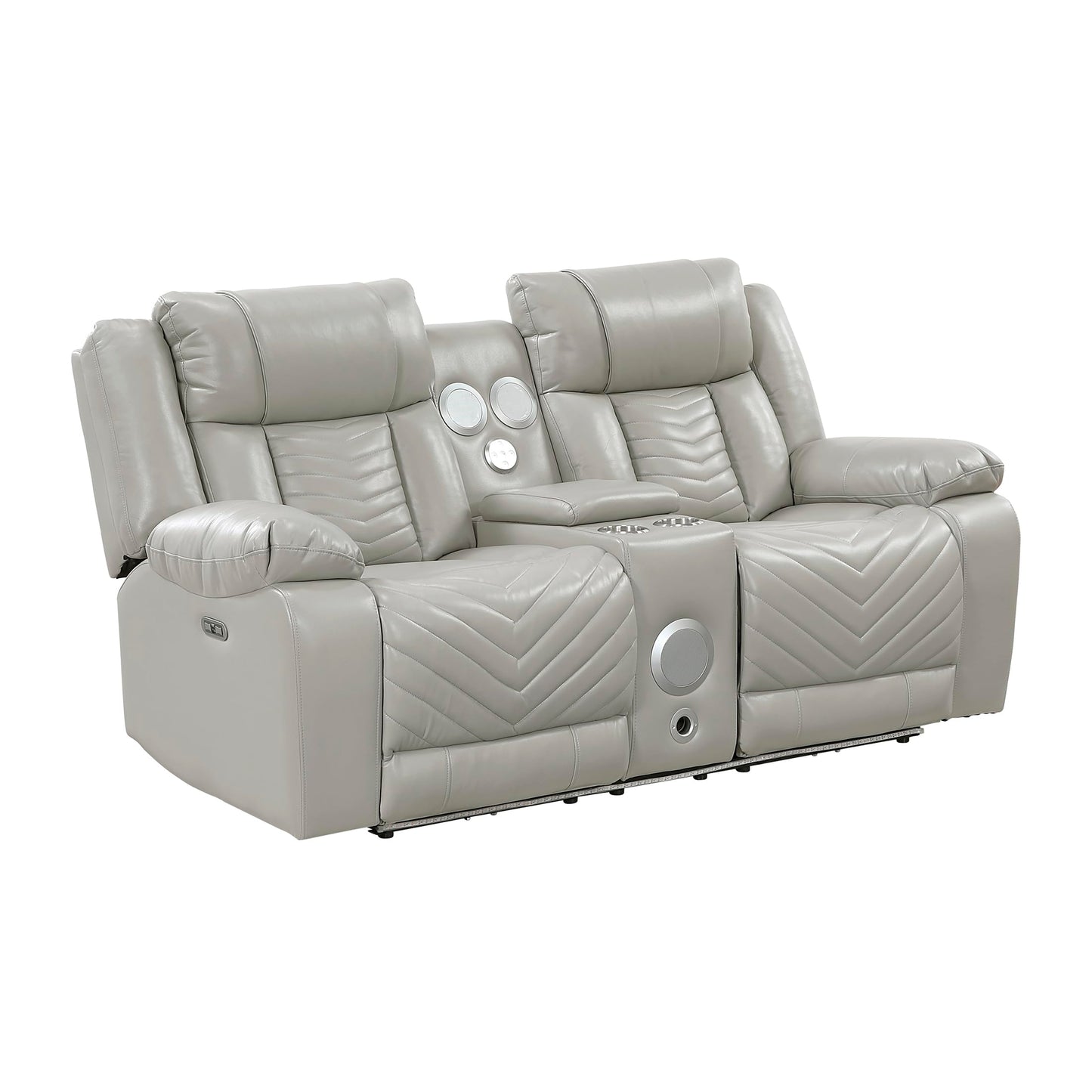 Lexicon Wall Hugger Power Double Reclining Loveseat with Console, Faux Leather Home Theater Seating with LED Lighting, Charging Ports, Bluetooth Speaker Wireless, Cup Holders, Hidden Storage, Gray