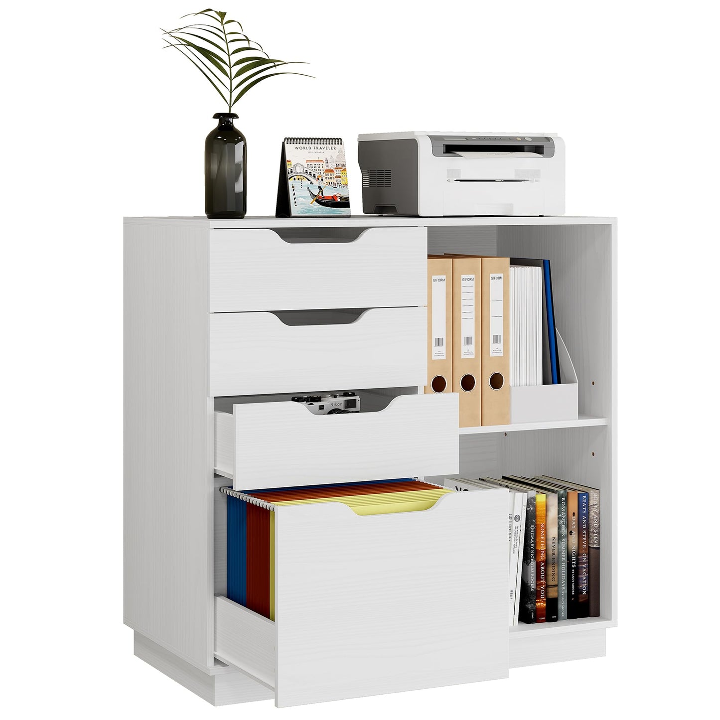 TQVAI 4 Drawer Filing Cabinet Organizer with 2 Open Shelves, Heavy Duty for Storing Letter A4 Size and Printer, Wood Lateral File Cabinets for Home Office, Hanging Files, White, Easy Assembly