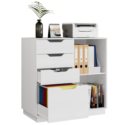 TQVAI 4 Drawer Filing Cabinet Organizer with 2 Open Shelves, Heavy Duty for Storing Letter A4 Size and Printer, Wood Lateral File Cabinets for Home Office, Hanging Files, White, Easy Assembly