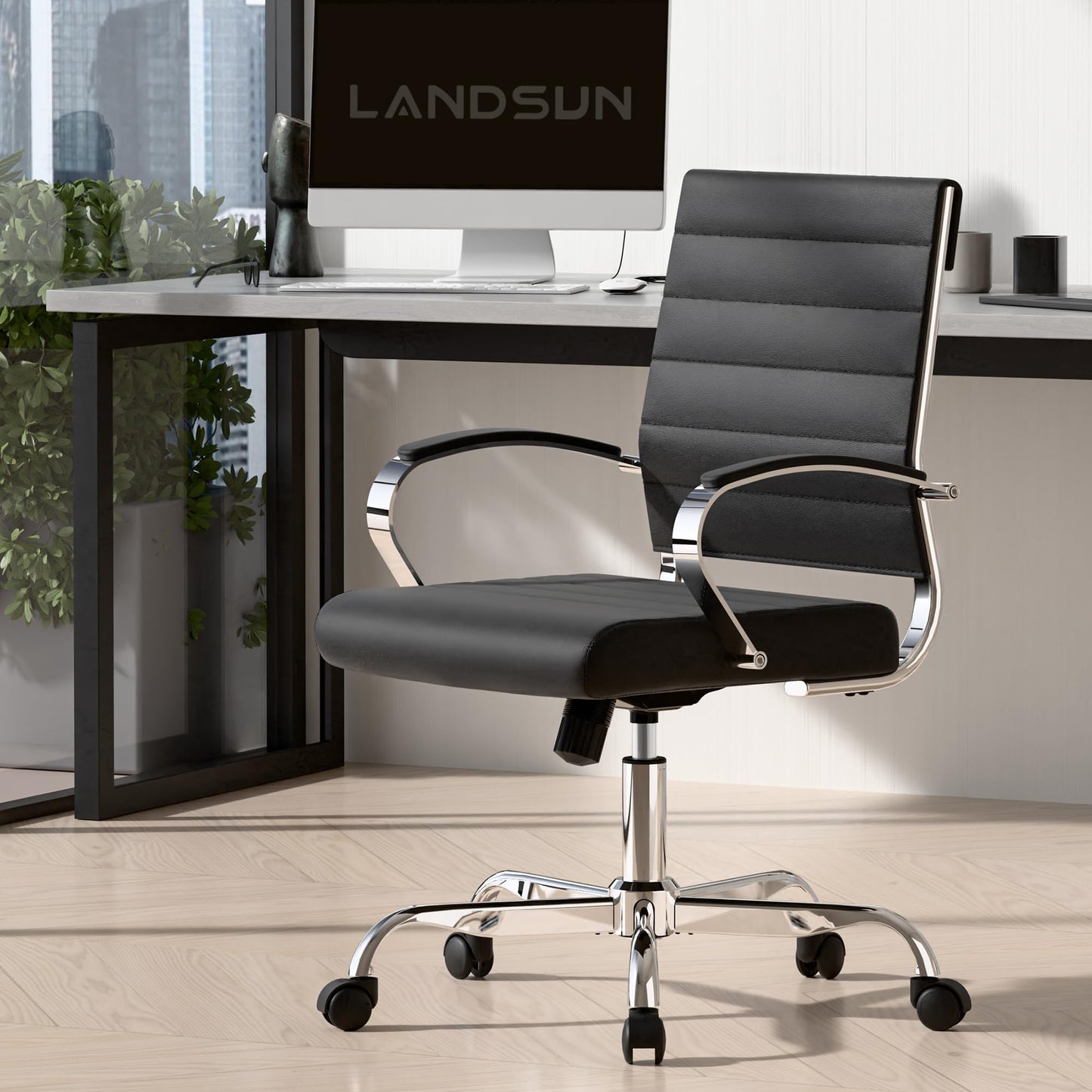 LANDSUN Home Office Chair Mid Back Desk Chair PU Leather Ribbed Executive Swivel Computer Chair with Wheels and Armrests Soft Padded Adjustable Height Conference Task Black