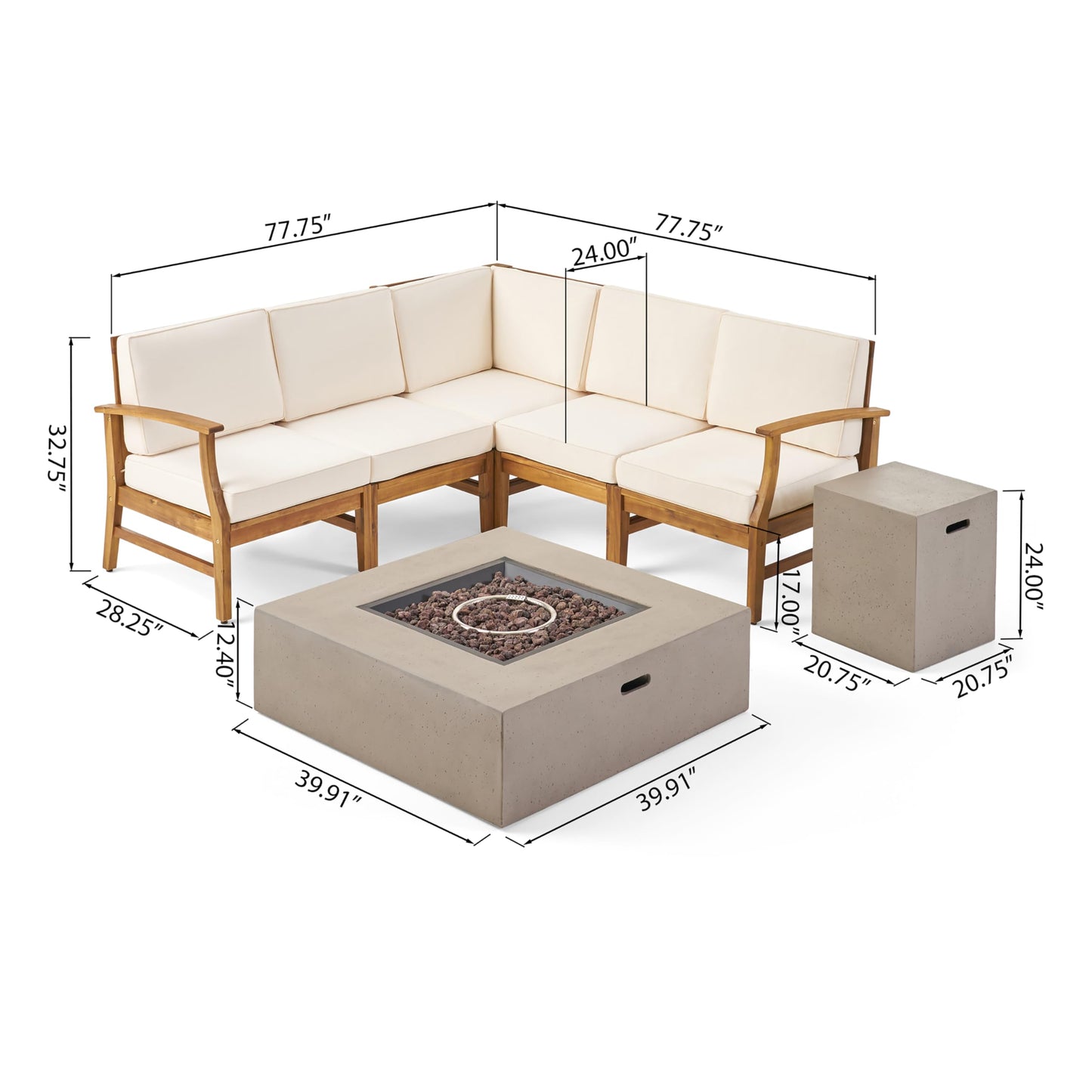 Christopher Knight Home Illona Outdoor 5 Seater V-Shaped Acacia Wood Sofa Set with Square Fire Table and Tank, 23.75 "W x 28 "D x 32.75 "H, Teak + Cream + Light Gray