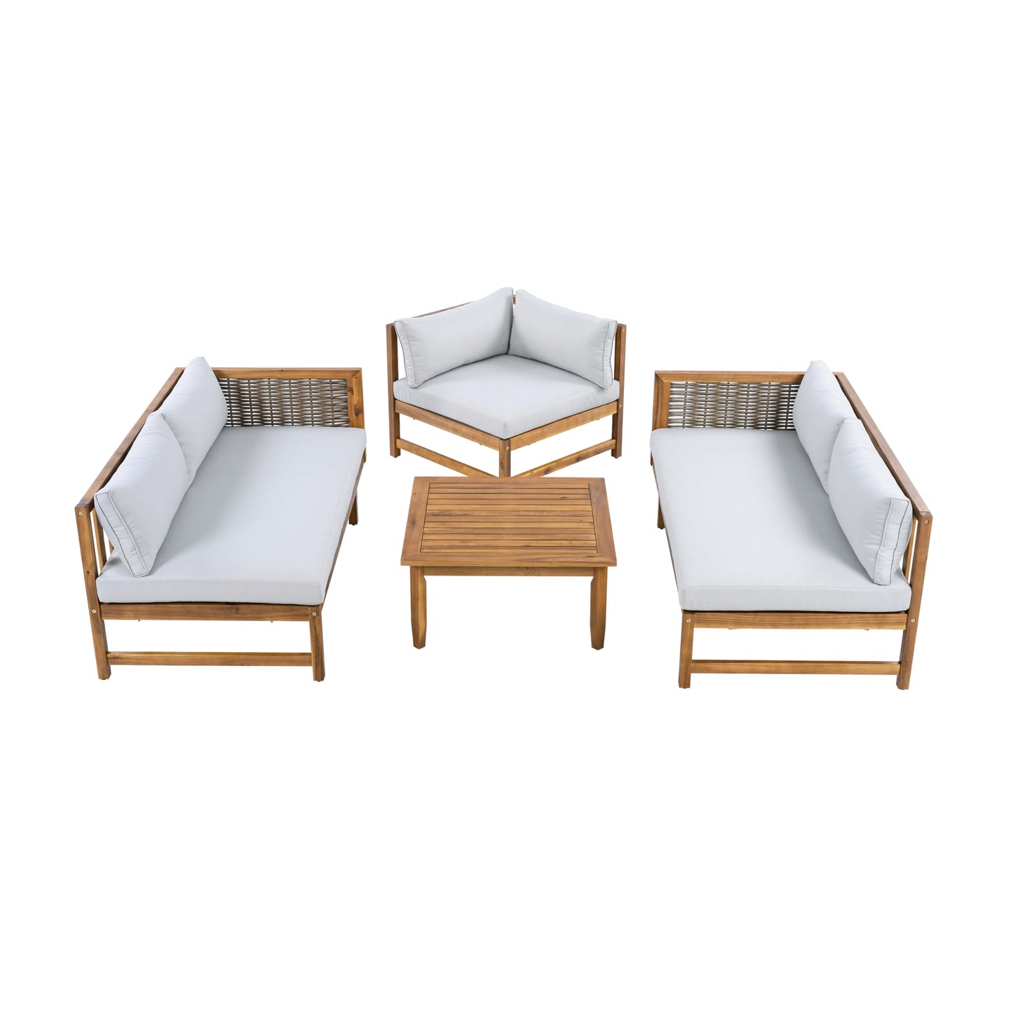 Christopher Knight Home Tenntt 5-Seater Acacia Wood Patio Furniture Set, Outdoor Conversation Sofa Chat Set with Coffee Table, Wicker Arm, Sectional Seating Group for Backyard Balcony, Teak+Light Gray