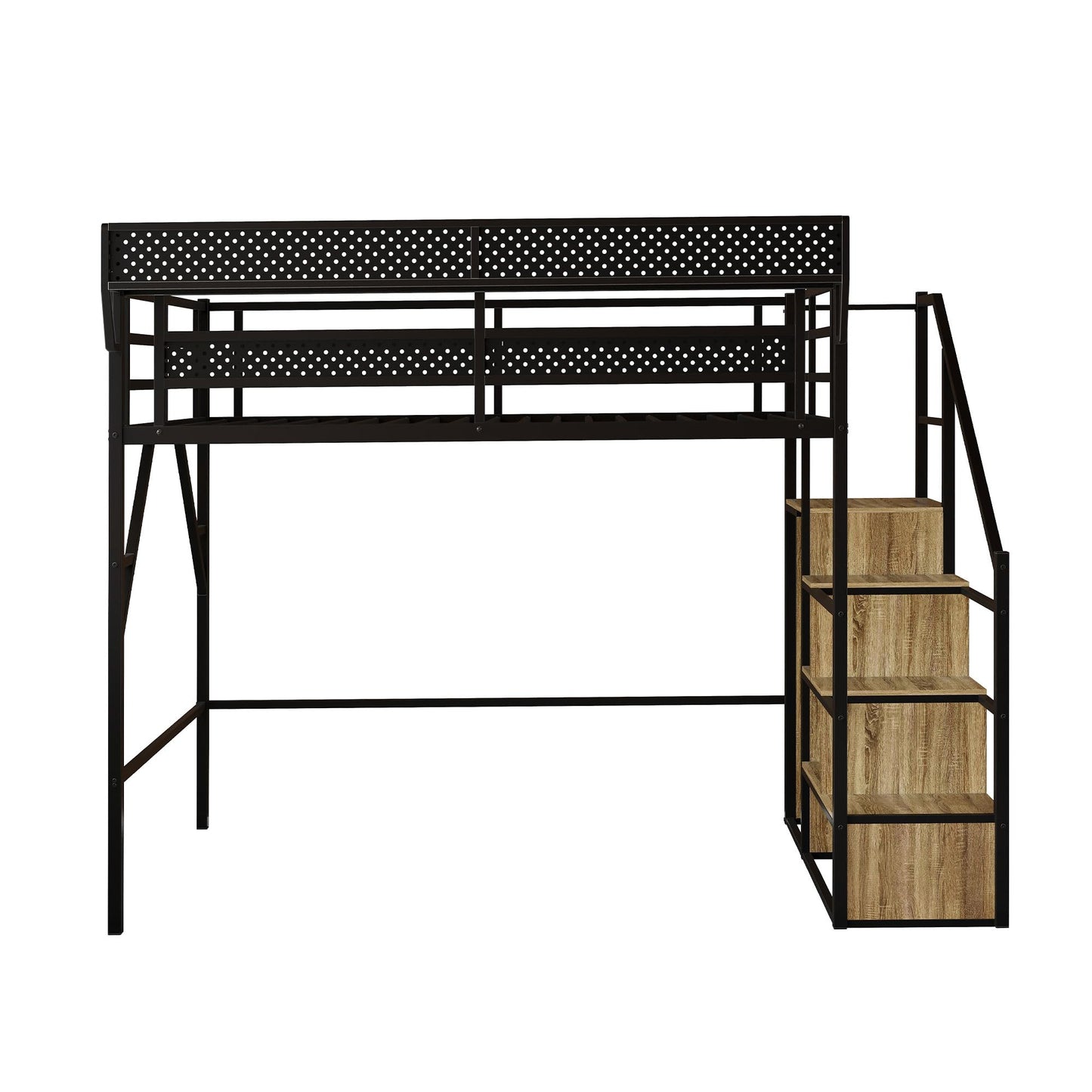 FAVSH Queen Size Metal Loft Bed with Reversible Stairs and LED & USB Port