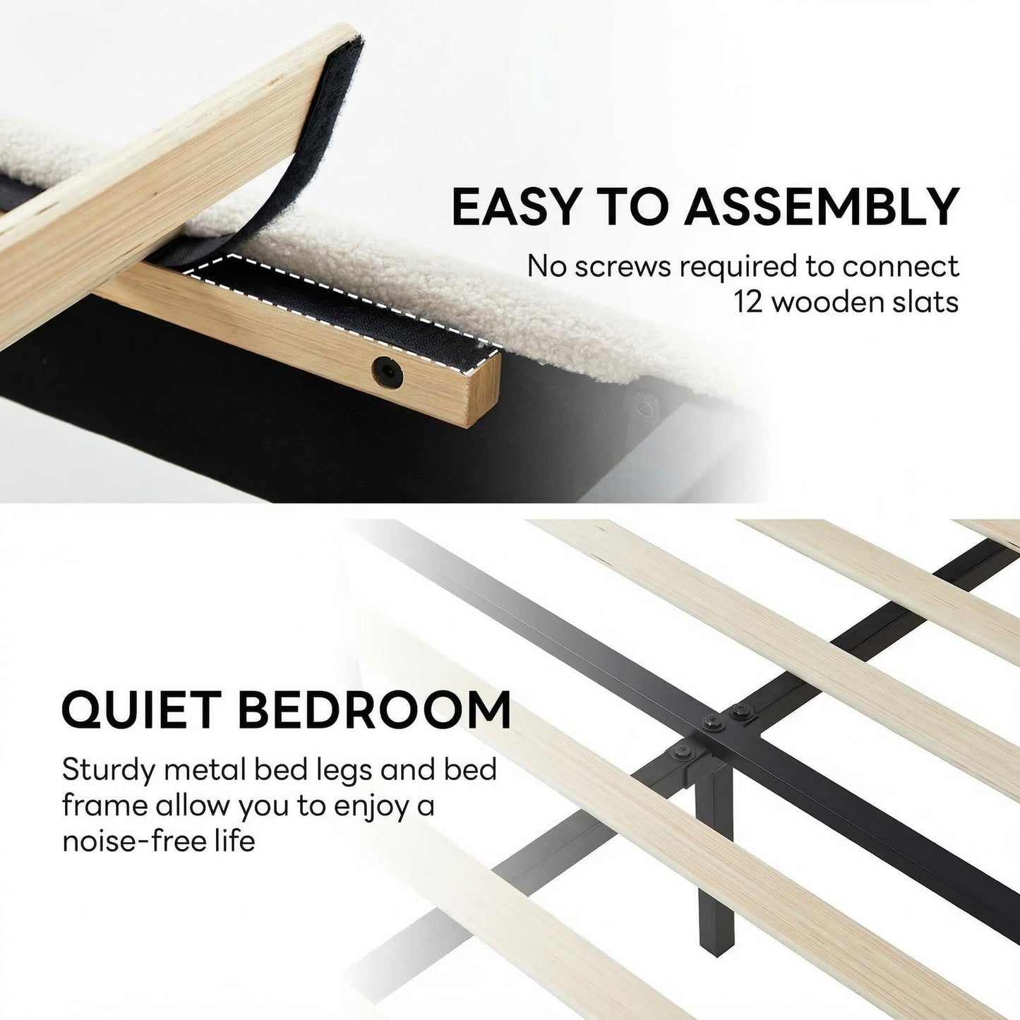 LIKIMIO Queen Bed Frame with Headboard, Upholstered Boucle Platform Bed with USB Ports, Base Camas Queen No Box Spring Needed, Cream White