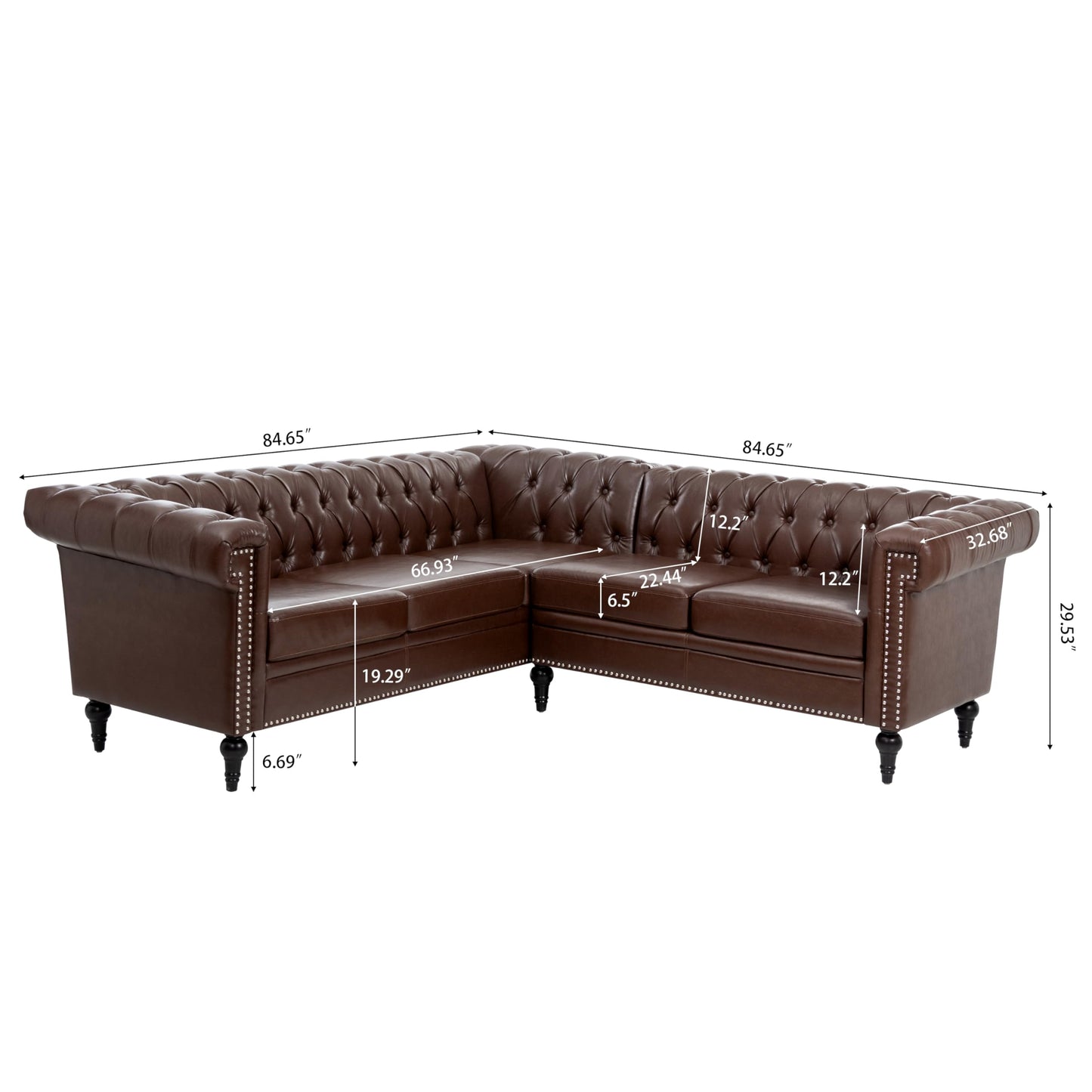 GDFStudio 85" x 85" L-Shaped Chesterfield Sectional Sofa, Tufted PU Leather Corner Couch with Rolled Arms, 5 Seat Mid-Century Modern Sectional Sofas & Couches for Living Room Bedroom, Dark Brown