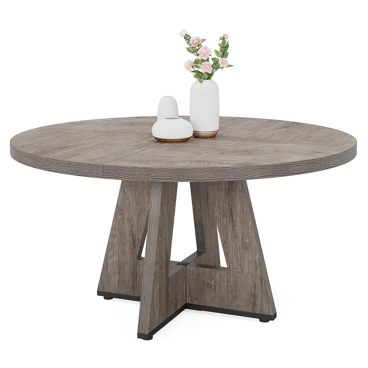Tribesigns 47 inch Round Dining Table Wood Kitchen Table for Dining Room, 47" Dinner Room Tables for 4-6, Farmhouse Accent Furniture with Wooden Tabletop and Cross Base, Rustic Grey