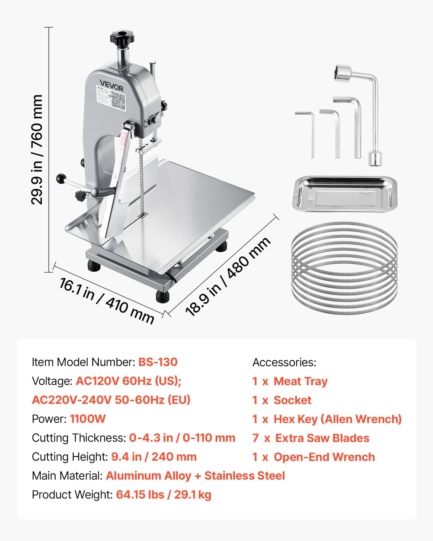 VEVOR Commercial Electric Meat Bandsaw, 1100W Bone Sawing Machine with 12.4" x 18.1" Workbench, 0-4.3" Cutting Thickness, 7 Extra Replacement Blades, for Cutting Bone, Frozen Meat, Pork, Beef & Ribs