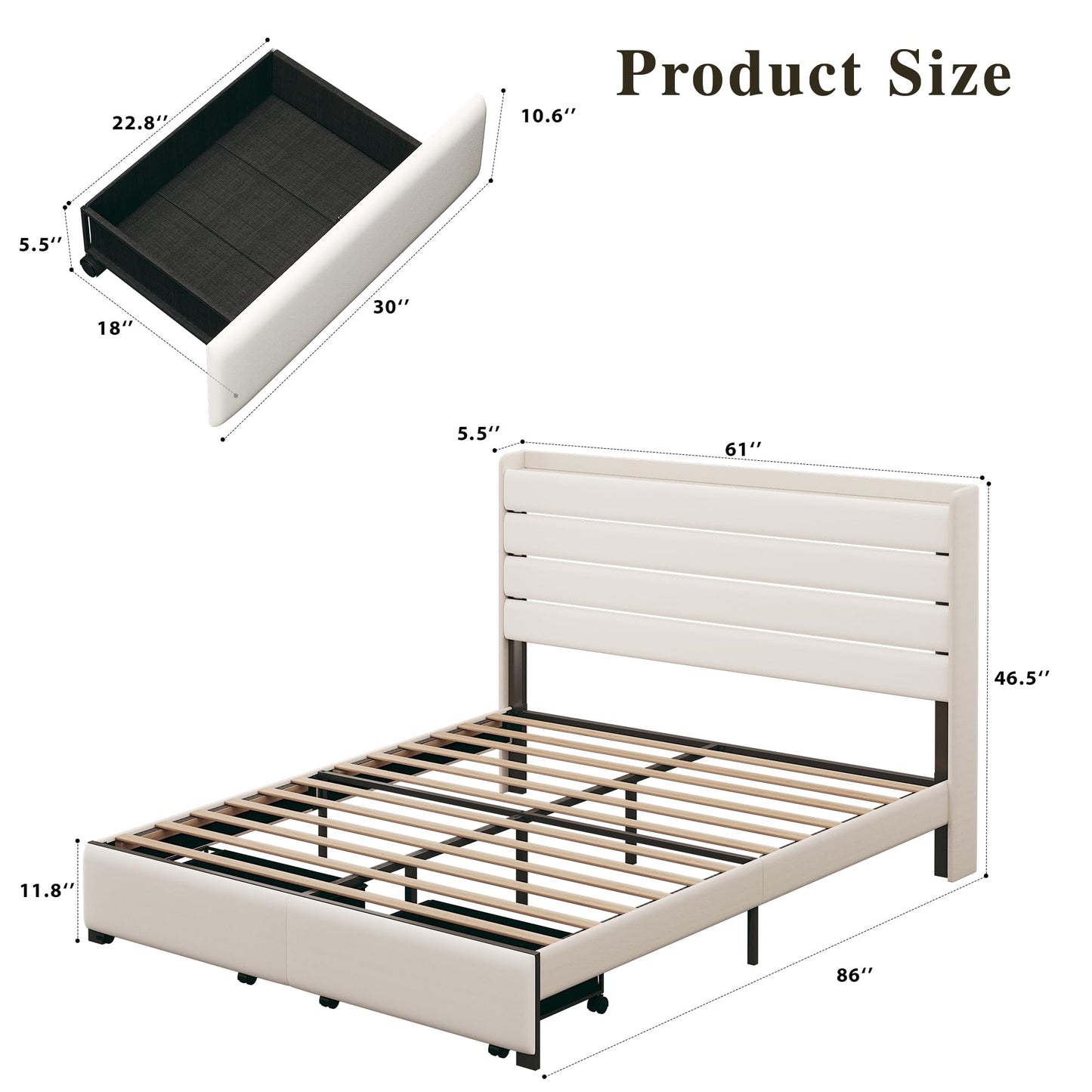 HUAHUU Queen Bed Frame with Storage, Velvet Upholstered Queen Size Upholstered Headboard with LED Light & Charging Station, Platform Bedframe with Drawers, Metal Slats, White