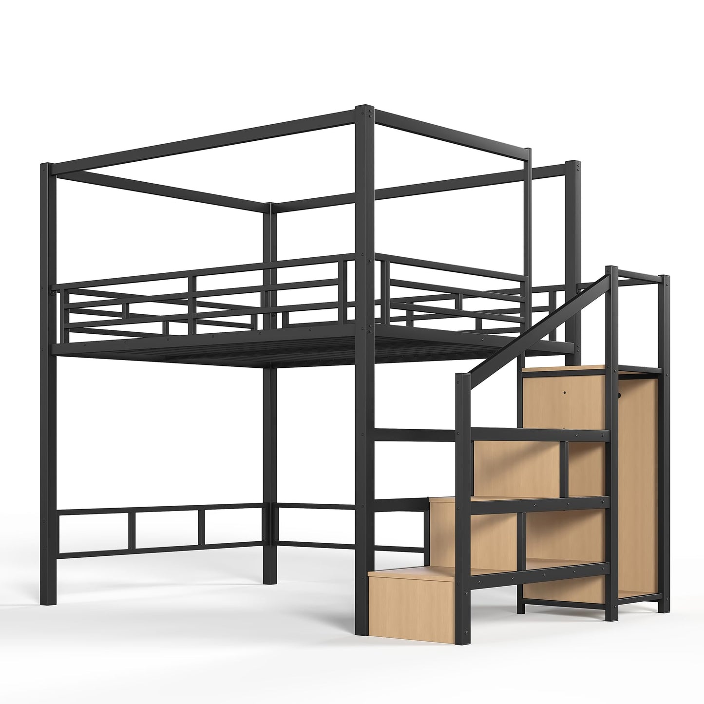 Bellemave Queen Size Loft Bed with Stairs and Wardrobe,Heavy Duty Metal Loft Bed Frame with Canopy for for Kids,Teens,Adults,Natural Wood