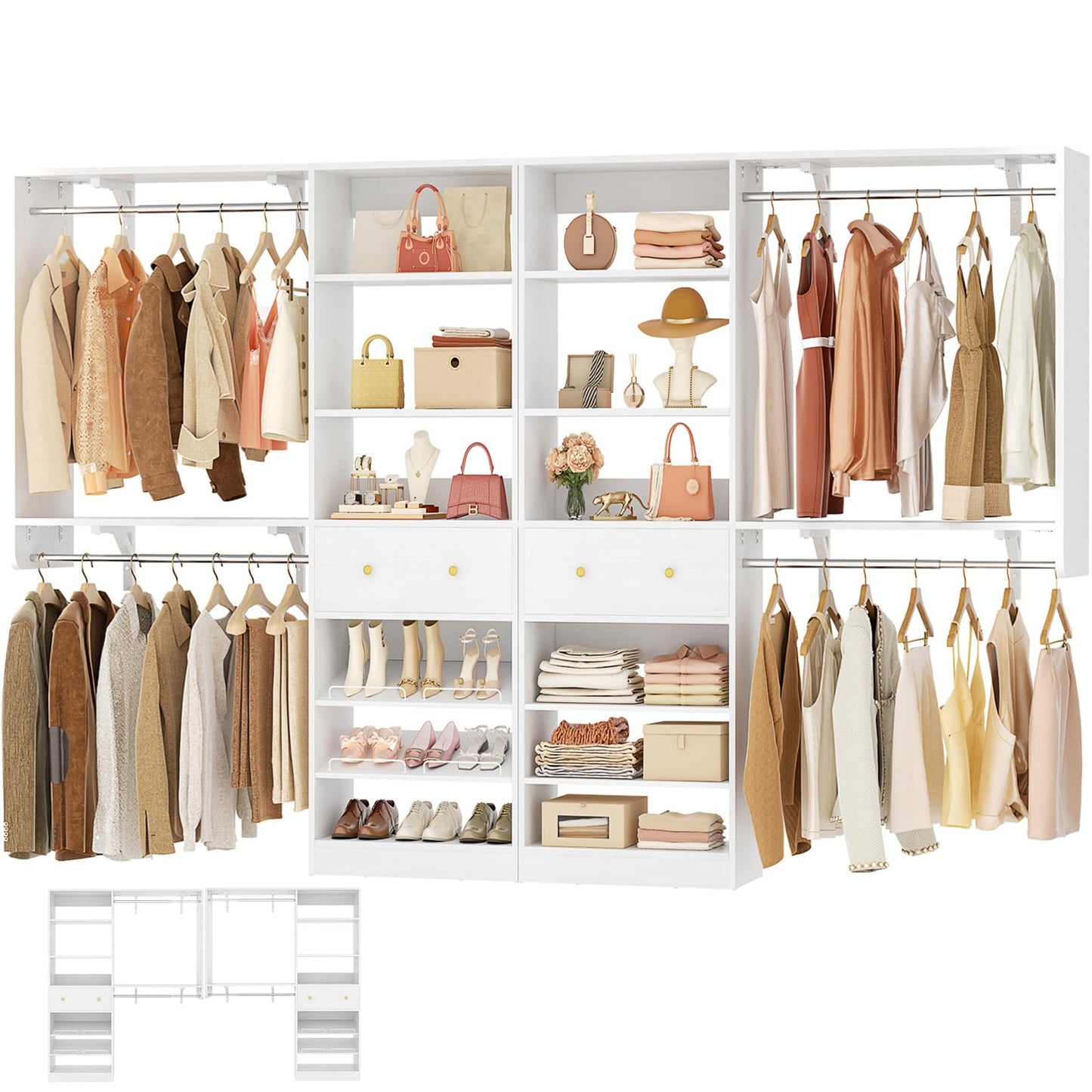 [10 FT Closet System] 120 Inch Reversible Set of 2 Wood Closet Organizer System with 2 Drawers, 4 Hanging Rods Adjustable Shelf, Walk In Closet Organizers with Shoe Rack, Garment Rack, White