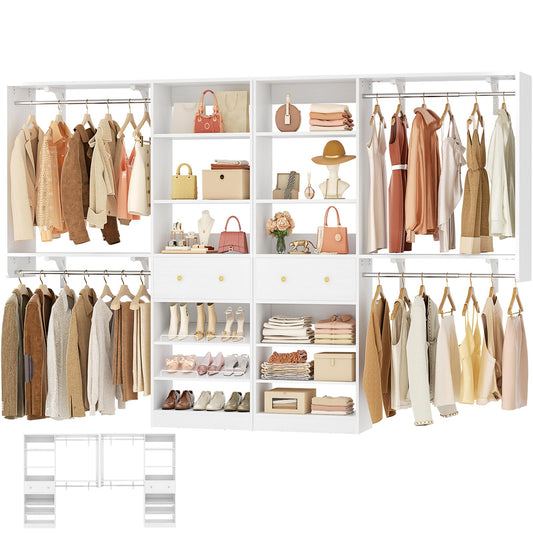 [10 FT Closet System] 120 Inch Reversible Set of 2 Wood Closet Organizer System with 2 Drawers, 4 Hanging Rods Adjustable Shelf, Walk In Closet Organizers with Shoe Rack, Garment Rack, White