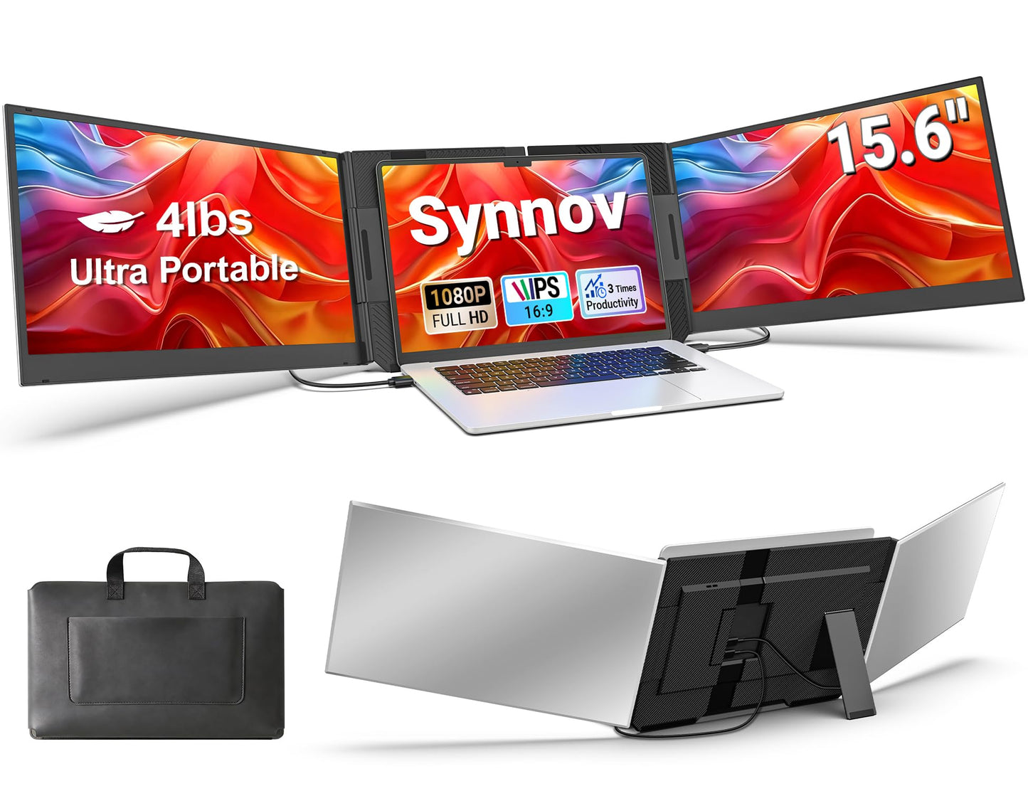 Synnov 15.6“ Laptop Screen Extender, 1080P FHD Ultra Light & Portable Triple Monitor for Laptops, Fit for 12"-17.3" Laptops, Plug & Play Travel Monitor Extender Compatible with Wins/MacOS/Chrome