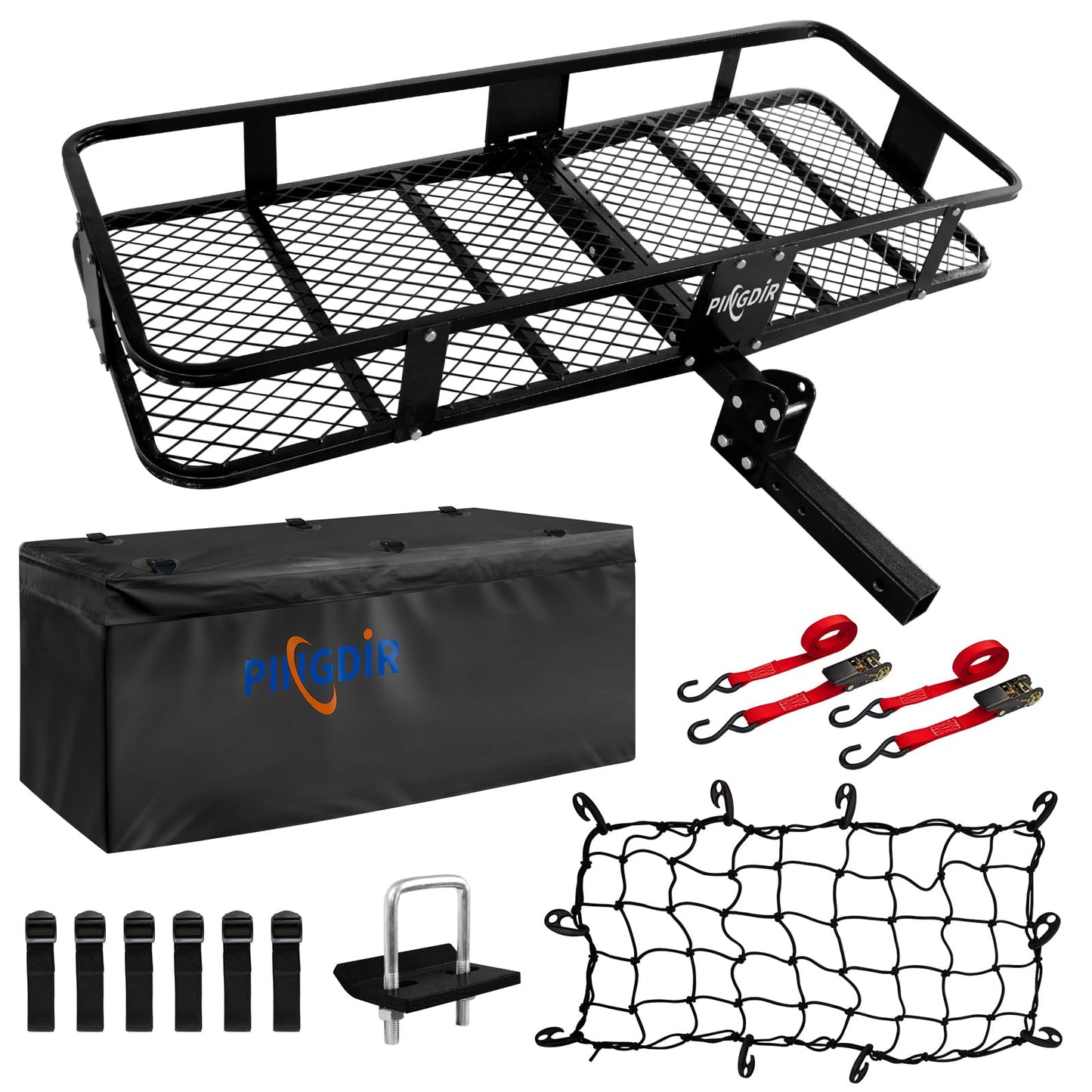 PINGDIR Folding Hitch Mount Cargo Carrier Hitch Rack Basket 60"*21.5"*6" Hauling Weight Capacity of 500 Lbs, Waterproof Cargo Bag 58" 19" 24", with Hitch Stabilizer,Cargo Net and Ratchet Straps