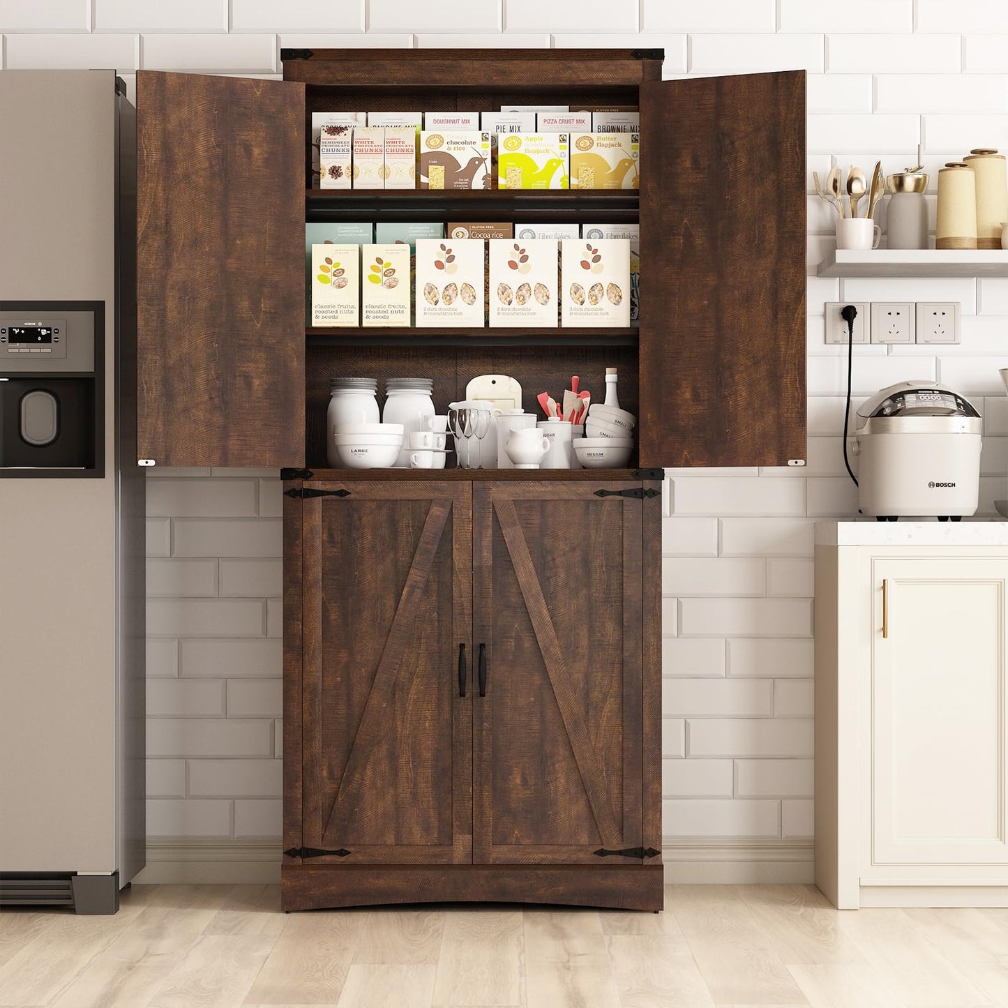 Hlivelood 71" Tall Kitchen Pantry,Farmhouse Storage Cabinet with Adjustable Shelves,Load-Bearing Steel Pipe,Farmhouse Pantry Cabinet with 4 Barn Doors, for Kitchen,Dining Room,Living Room(Brown)