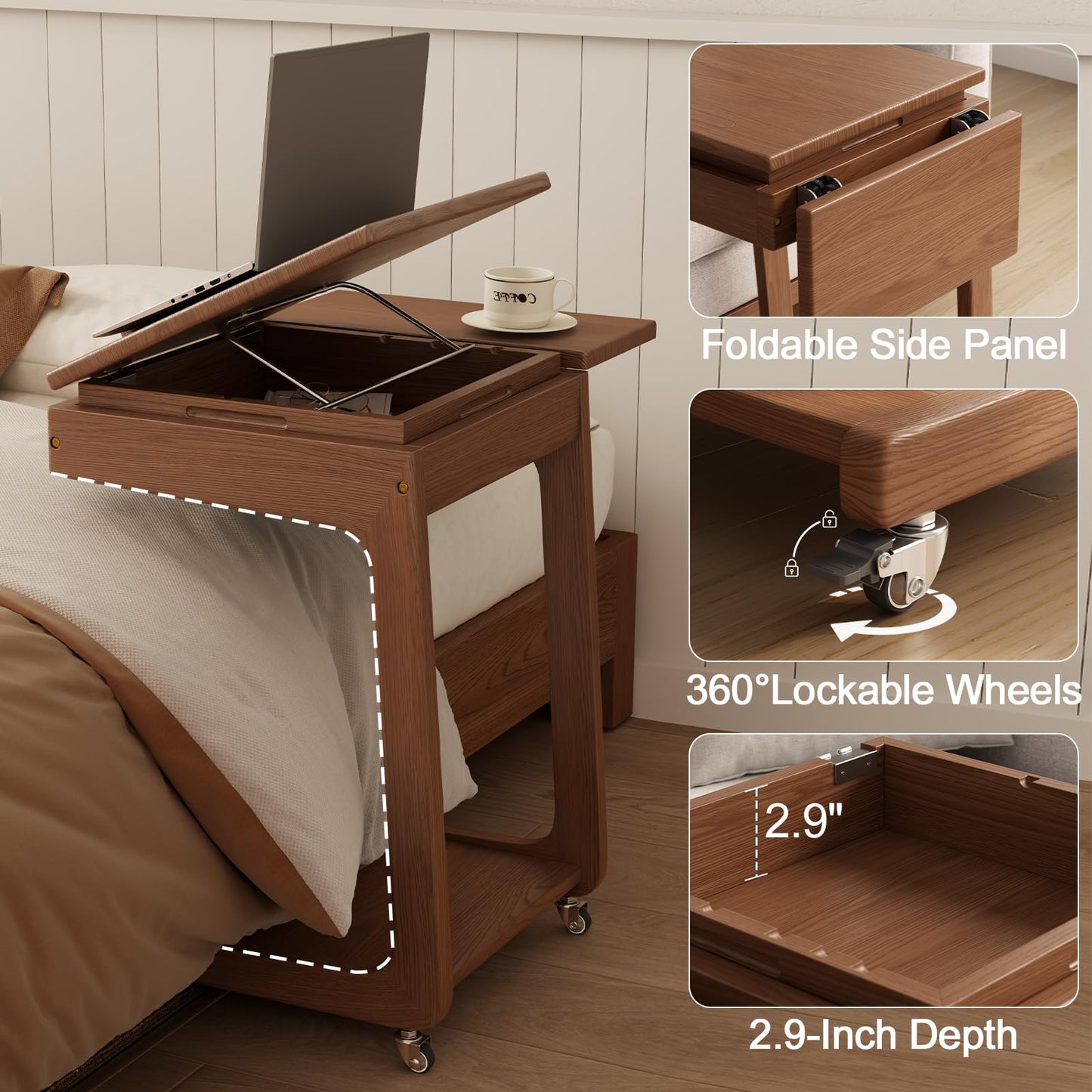 Solid Wood C Shaped End Table for Couch,Walnut C Table with Wheels,Rolling Side Table with Storage,Couch Desk with Adjustable Desktop,Rolling Tv Tray with Folding Shelf,Modern Couch Table