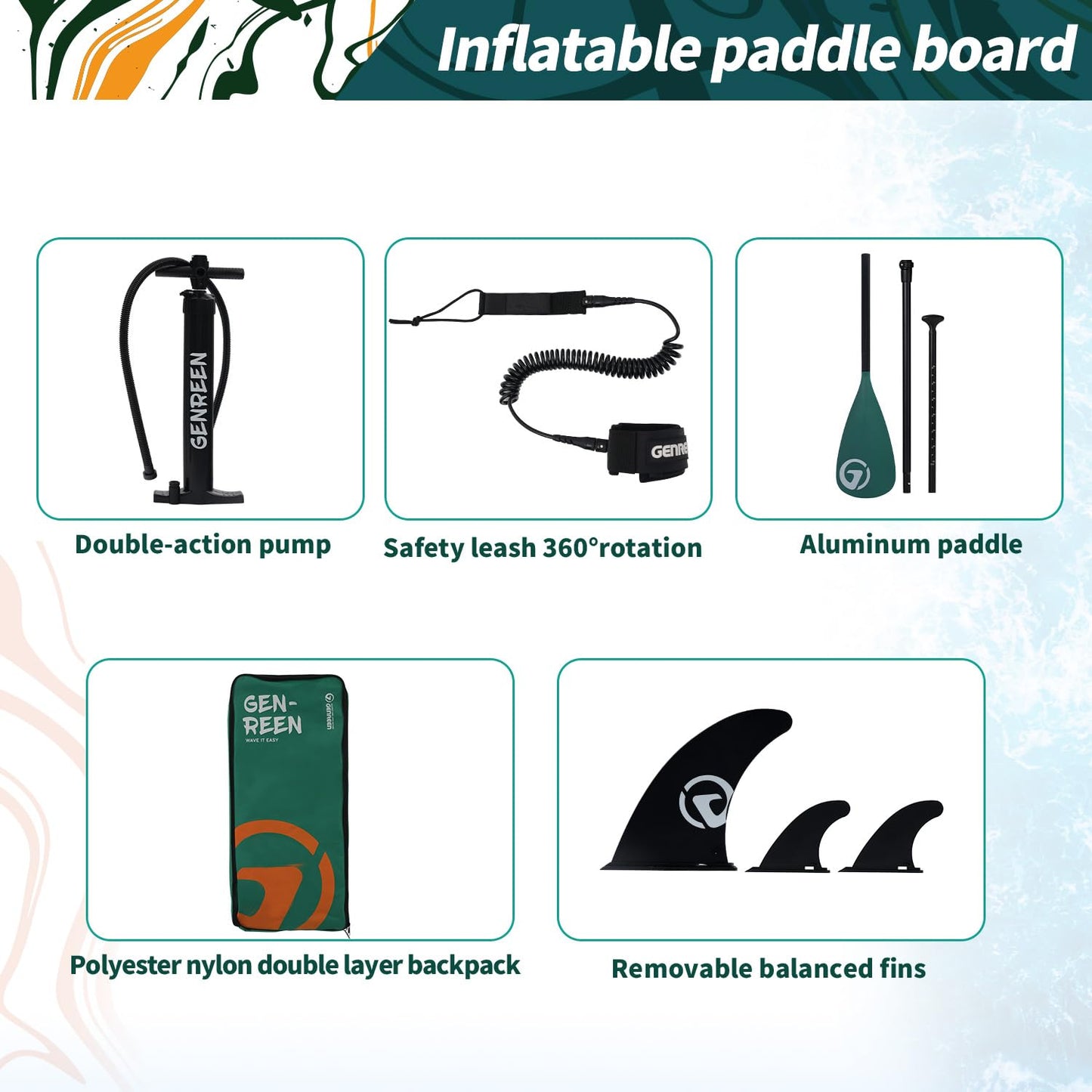Genreen Paddle Board Stand Up Paddle Board Inflatable SUP 11'34"6" with 5 Grips 3 Fins EVA 0.5cm Ultra Stable Wide 450lbs Capacity for Water Sports Yoga Fishing Jungle Green with Bright Green Edge