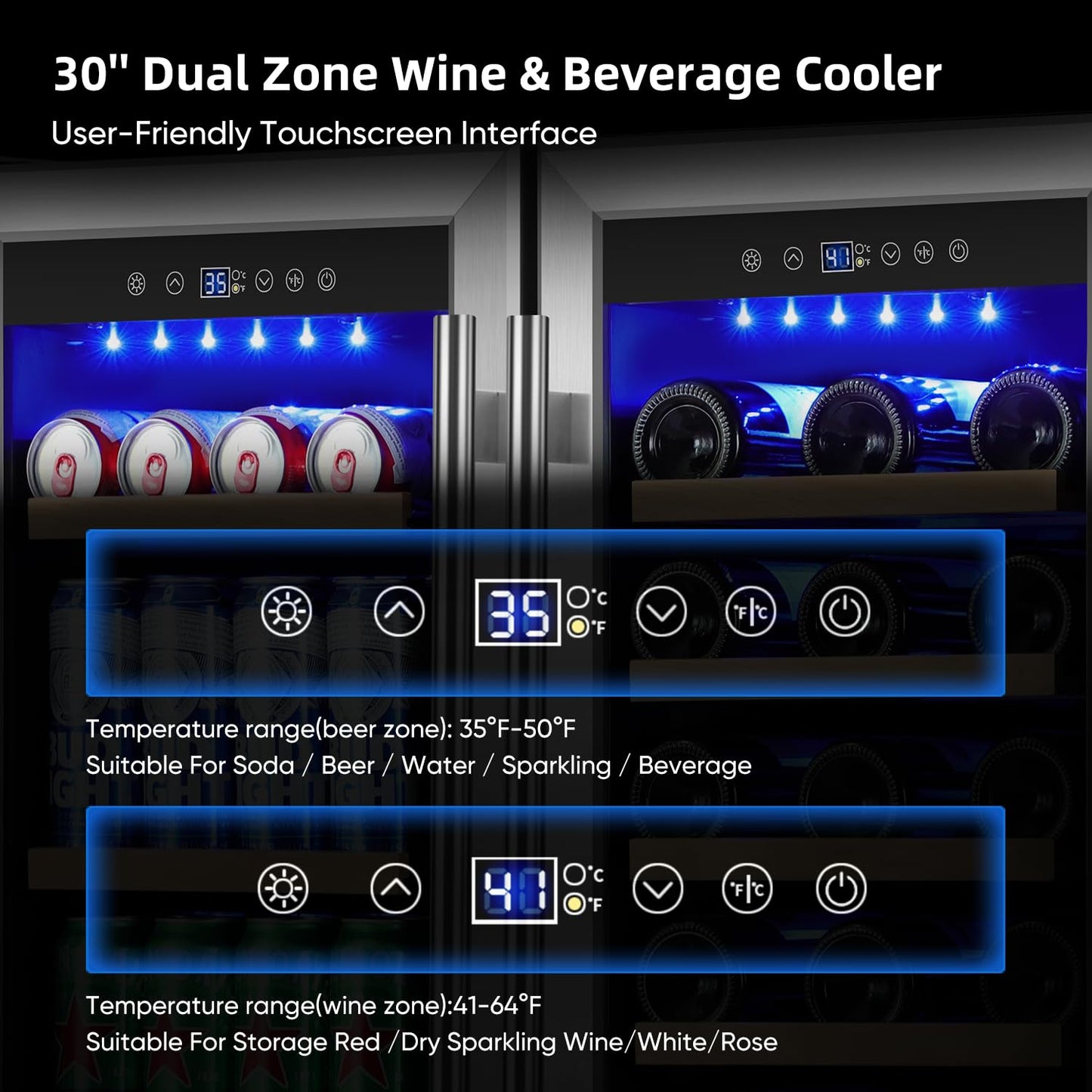 ORYMUSE Wine and Beverage Refrigerator 30 Inch, Beverage Fridge Dual Zone with Upgraded Cooling, Wine Beverage Cooler Built-in or Freestanding, 30 Bottles and 110 Cans Large Capacity