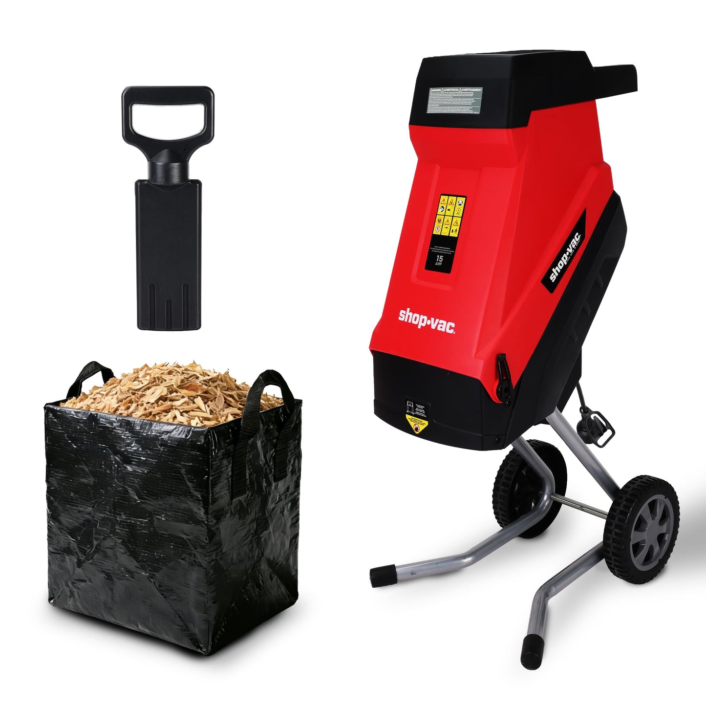Shop-Vac Electric Wood Chipper, 15-Amp Wood Chipper Shredder with 45L Collection Bag and Push Paddle, Double-Sided Blade, 1-3/4 Inch Cutting Diameter for Yard Debris and Branches