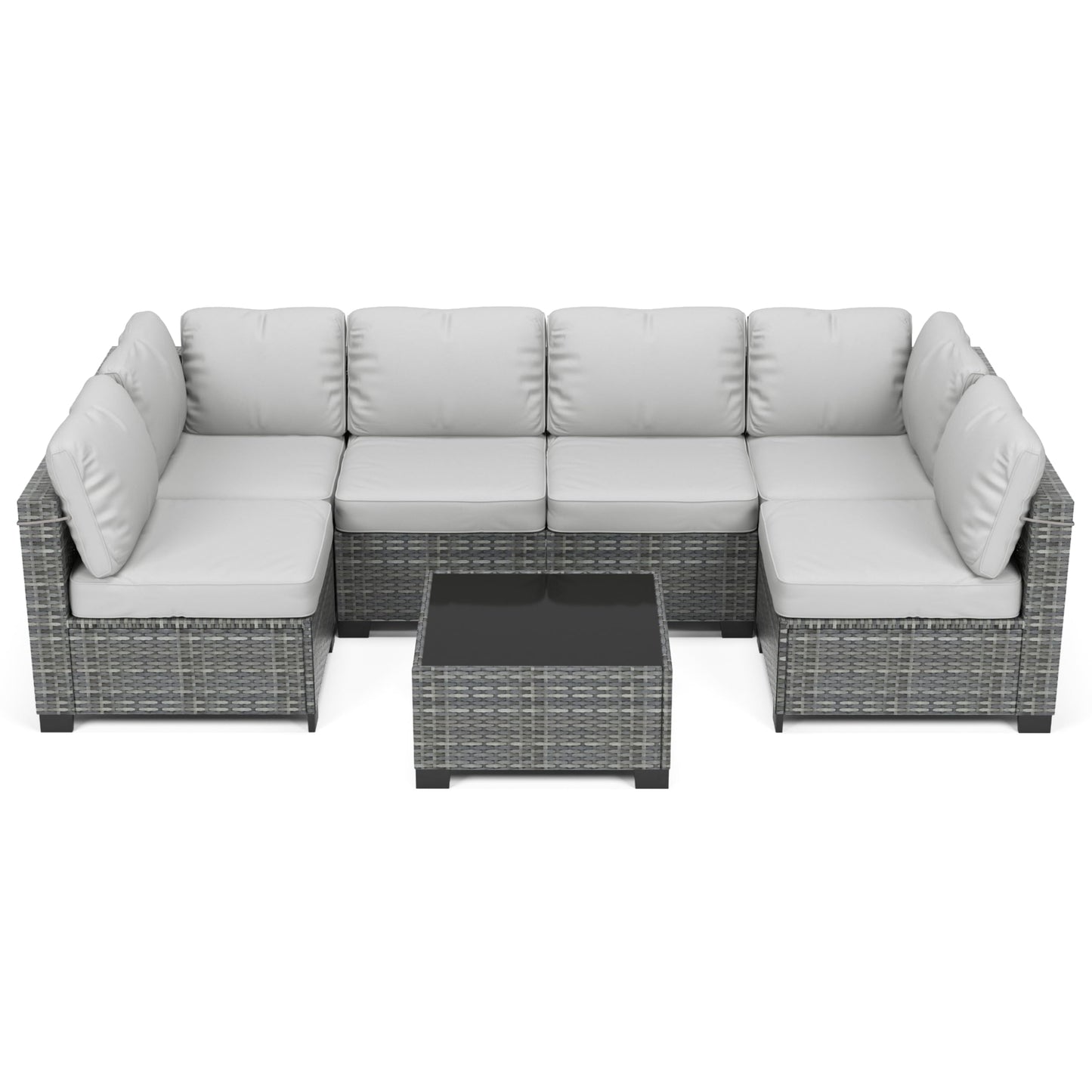 GarveeHome 7 Piece Patio Furniture Set, PE Rattan Wicker Sectional Sofa Set with Cushions & Glass Top Coffee Table, Outdoor Conversation Furniture for Garden, Balcony, Porch, Backyard
