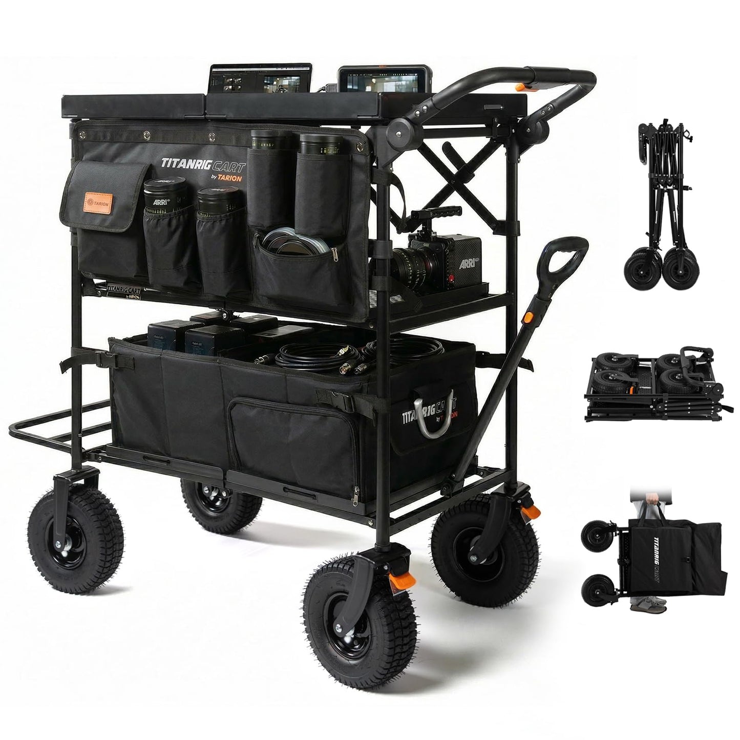 TARION Video Production Camera Cart - Foldable Photography Dolly with Inflatable Rubber Wheels and Wider Top Shelf - Heavy Duty Mobile Workstation with Storage Bins for Film Crew - Titanrig Cart Pro