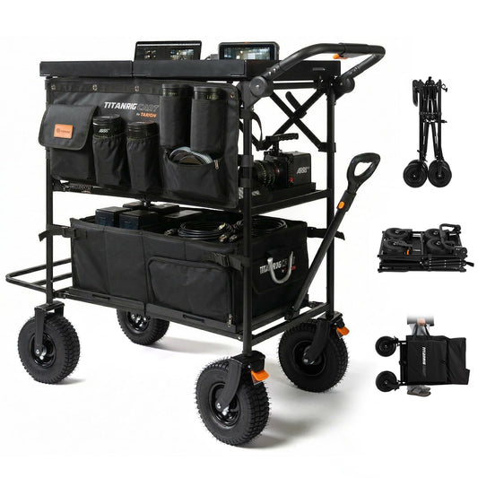 TARION Video Production Camera Cart - Foldable Photography Dolly with Inflatable Rubber Wheels and Wider Top Shelf - Heavy Duty Mobile Workstation with Storage Bins for Film Crew - Titanrig Cart Pro
