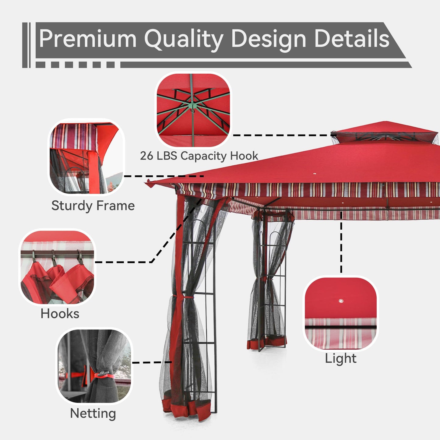Gardenbee 13x11 Ft Canopy Gazebo with Netting, Double Roof Canopy Shelter with Frame for Outdoors, Patio/Deck/Garden/Yard/Poolside, Red