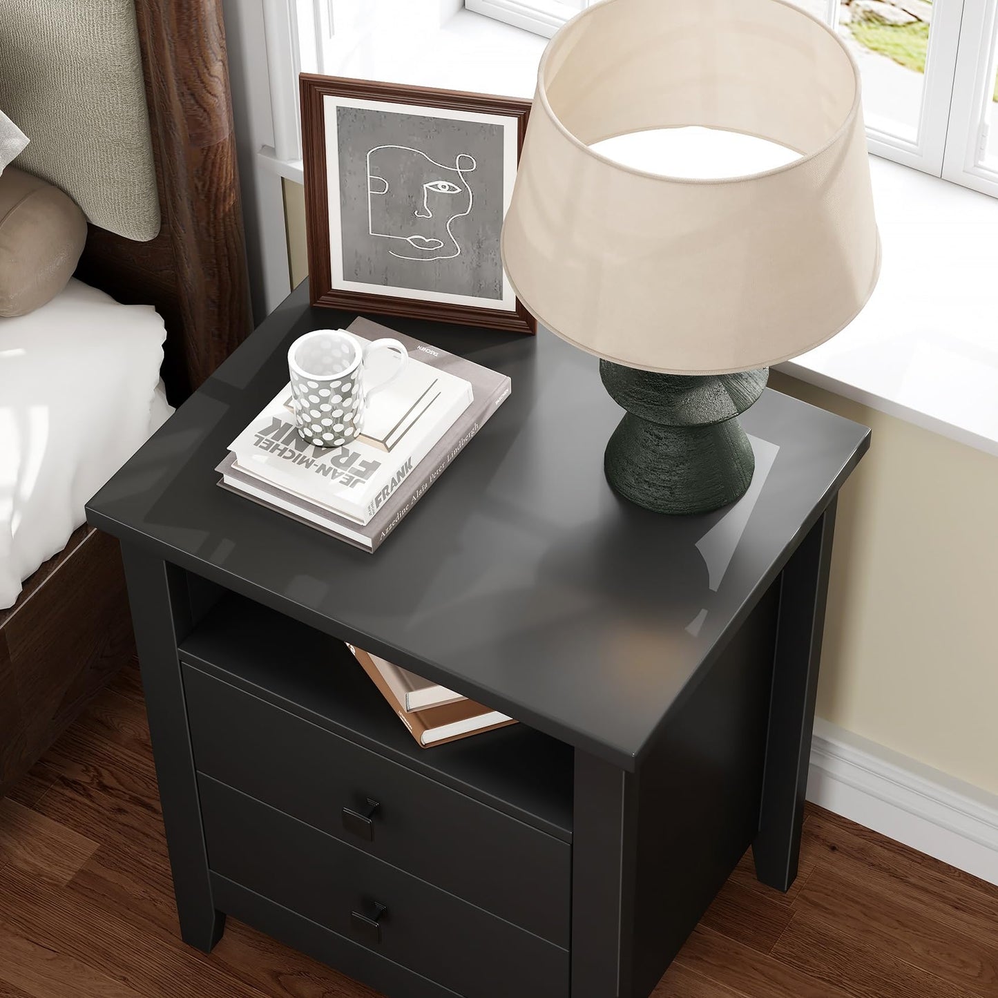 JSB Farmhouse Nightstand Set of 2, Night Stand with 2 Drawers,Open Shelf, End Table/Bed Side/Side Table for Bedroom, Kids Room, Living Room (Black, 18.7" W x 15" D x 23.8" H (2 Drawers))