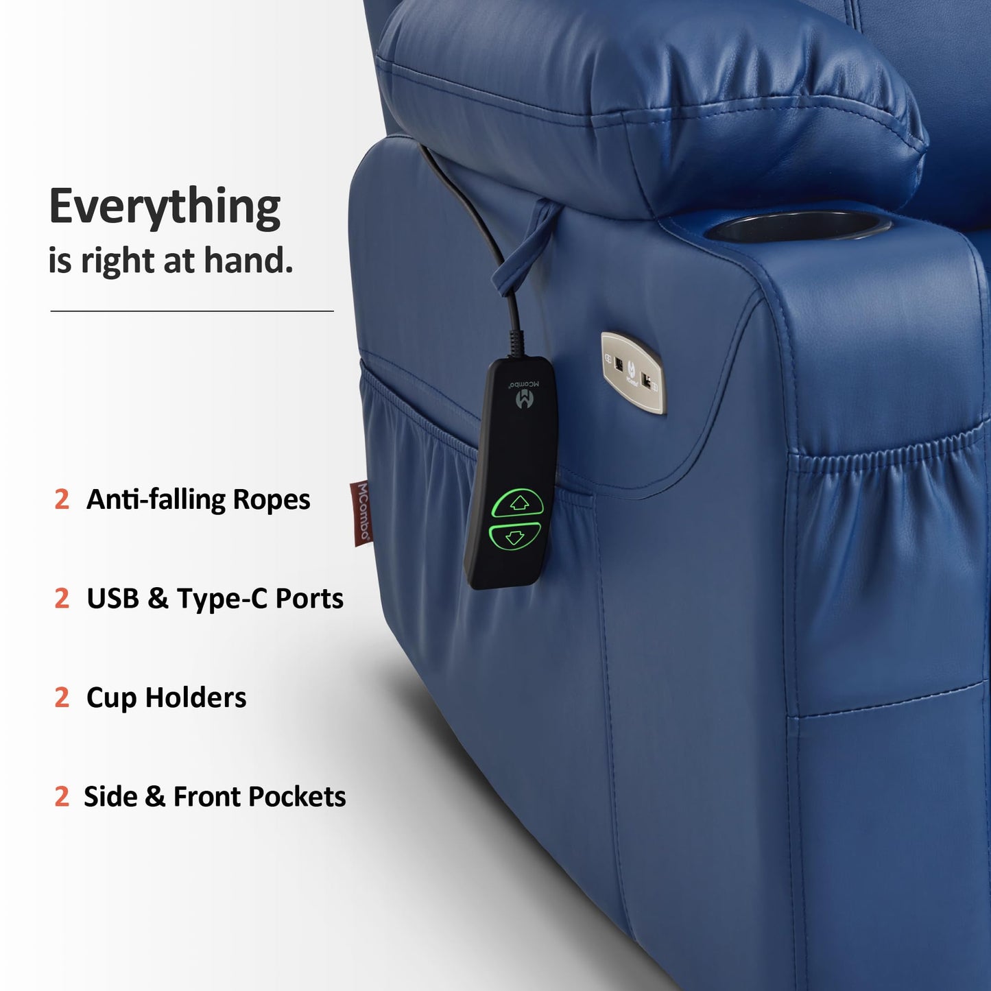 MCombo Electric Power Lift Recliner Chair Sofa with Massage and Heat for Elderly, 3 Positions, 2 Side Pockets, and Cup Holders, USB Ports, Faux Leather 7040 (Blue, Medium)