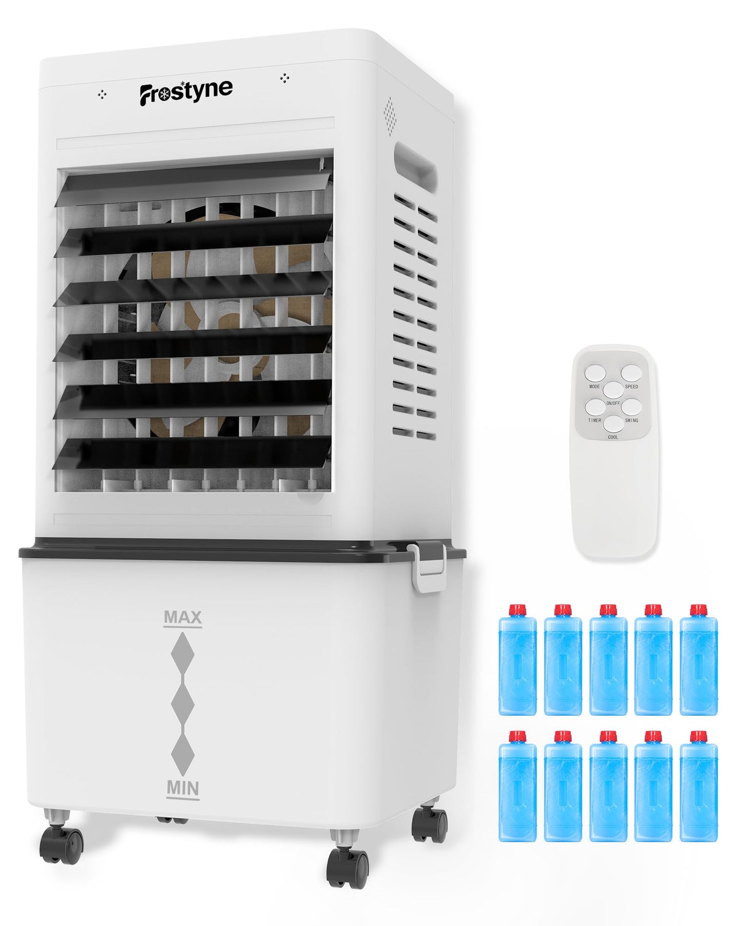 Frostyne Portable Evaporative Air Cooler w/Humidifier – 3Ga Water Tank, 10 Ice Packs, 6 Speeds & 4 Modes, Timer & Remote, Windowless Portable Fan for Bedroom, Home, Office,Black