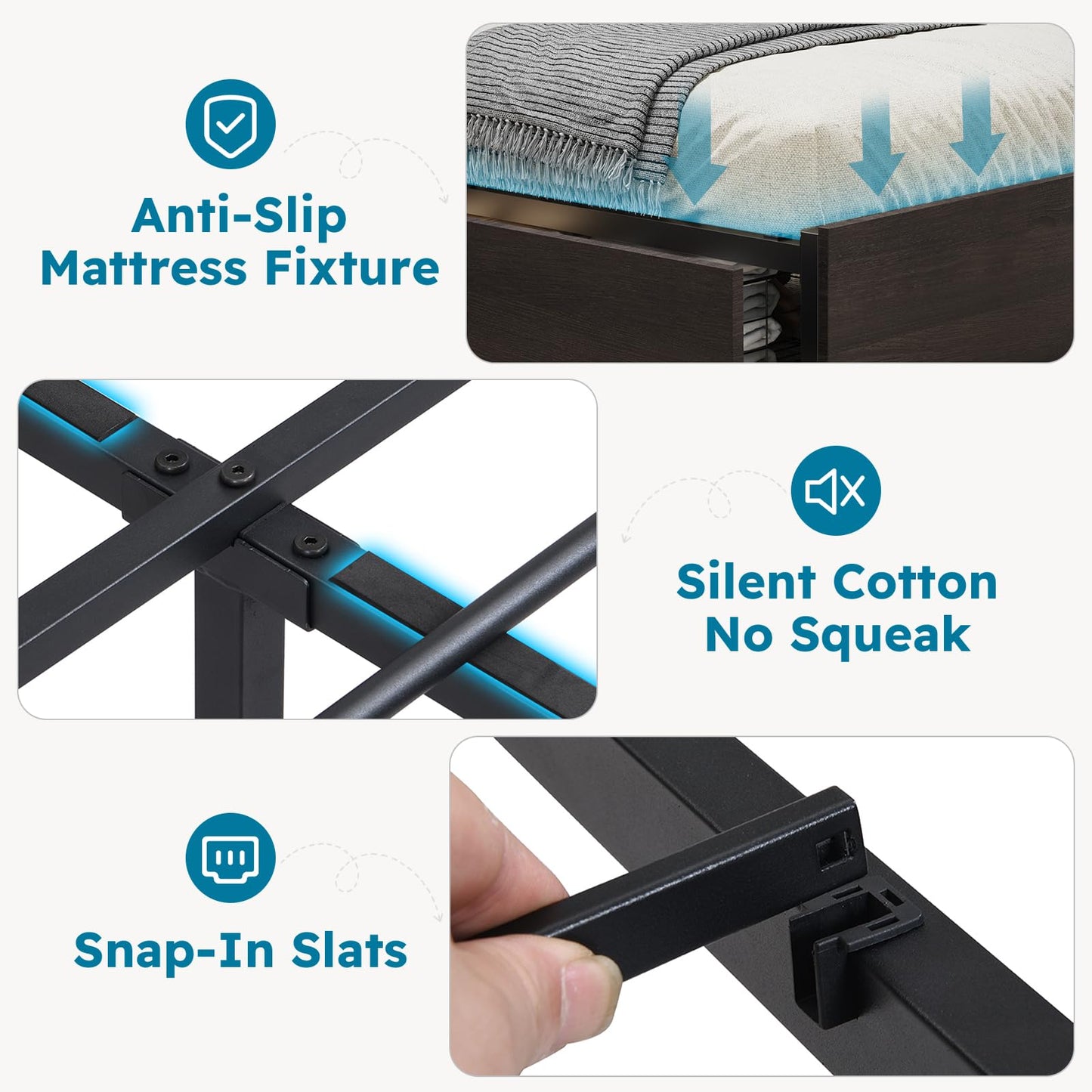 Kiivakii Queen Size Bed Frame with 4 Storage Drawers, LED Platform Bed with Headboard, Built in Charging Station, Noise-Free, Metal Support Base, No Box Spring Needed, Black