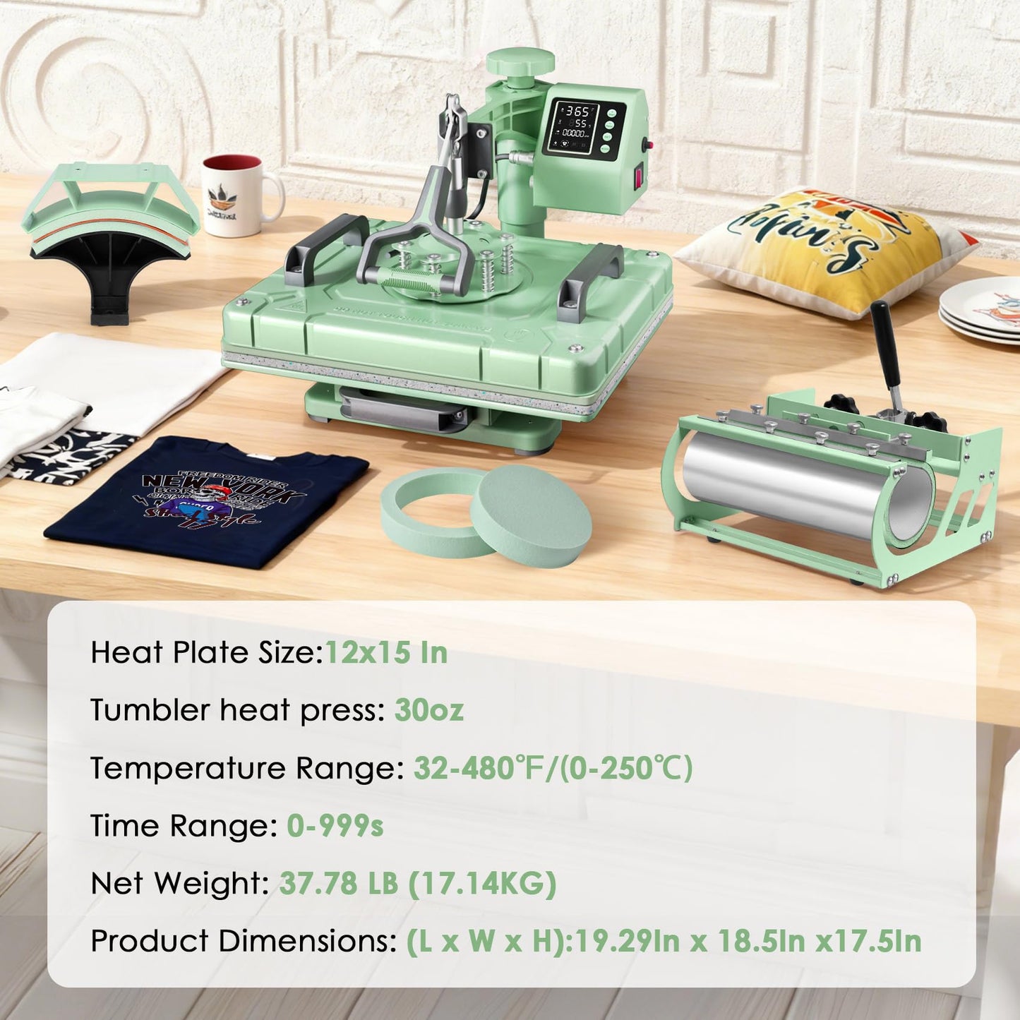 Seeutek 12x15 Inch Heat Press Machine 5 in 1, 360° Swing Away Sublimation Heat Transfer Press with 20oz & 30oz Tumbler Attachments for T-Shirts, Hats, Mugs & Plates, Green