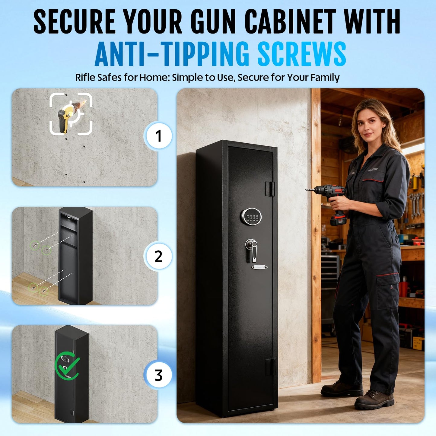 KAER 2-3 Gun Safe,Rifle Safe,Gun Safe for Rifles and Pistols,Gun Cabinet for Shotguns,Long Gun Cabinet for Shotguns with Removable Storage Shelf,LED Light,Quick Access Rifle Safes,Adjustable Shelves