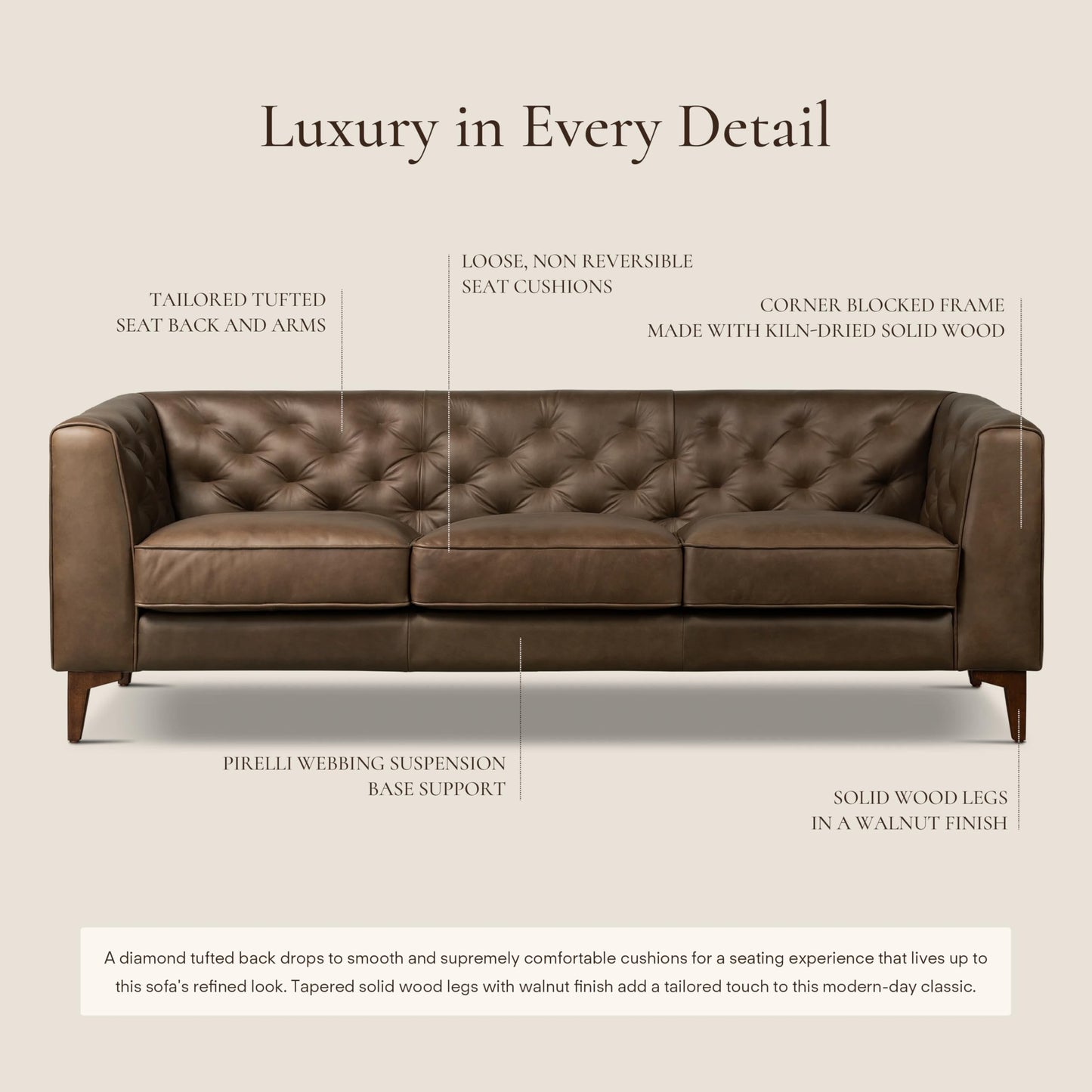 Poly & BARK Essex 89” Full-Grain Italian Leather Sofa – Tufted Back, Feather-Down Comfort, Solid Wood Frame, Cocoa Brown