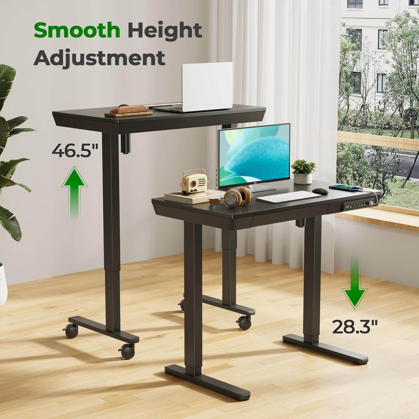 JYLH JOYSEEKER Electric Standing Desk with Drawer, 35" x 20" Whole Piece Tabletop Small Sit Stand Table, Height Adjustable Desk with Storage & USB Ports, Quick Install Home Office Computer Desk, Black