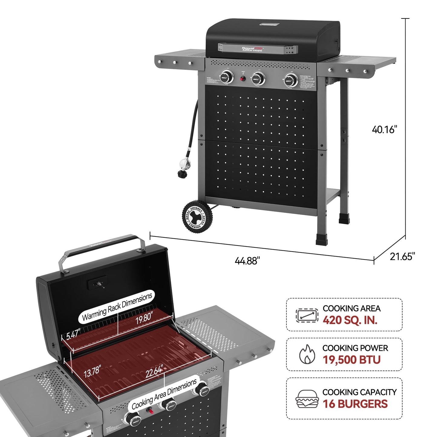 Royal Gourmet GL3001 3-Burner Gas Grill with Pegboard, 420 Sq. In. Cooking Area, 19,500 BTU, Foldable Side Shelves with Hooks, Two Large Wheels, Ideal for Backyard and Patio, Black & Cool Gray