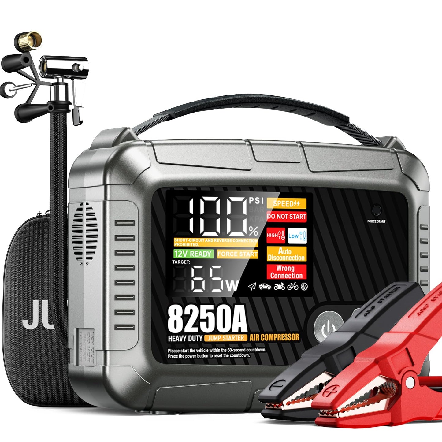 JFEGWO 8250A Heavy Duty Jump Starter with Air Compressor, 32000mAh 65W Fast Charging Portable Car Battery Booster Power Pack (for All Gas 12L Diesel), 150 PSI Tire Inflator, HD Display 12V Jump Box