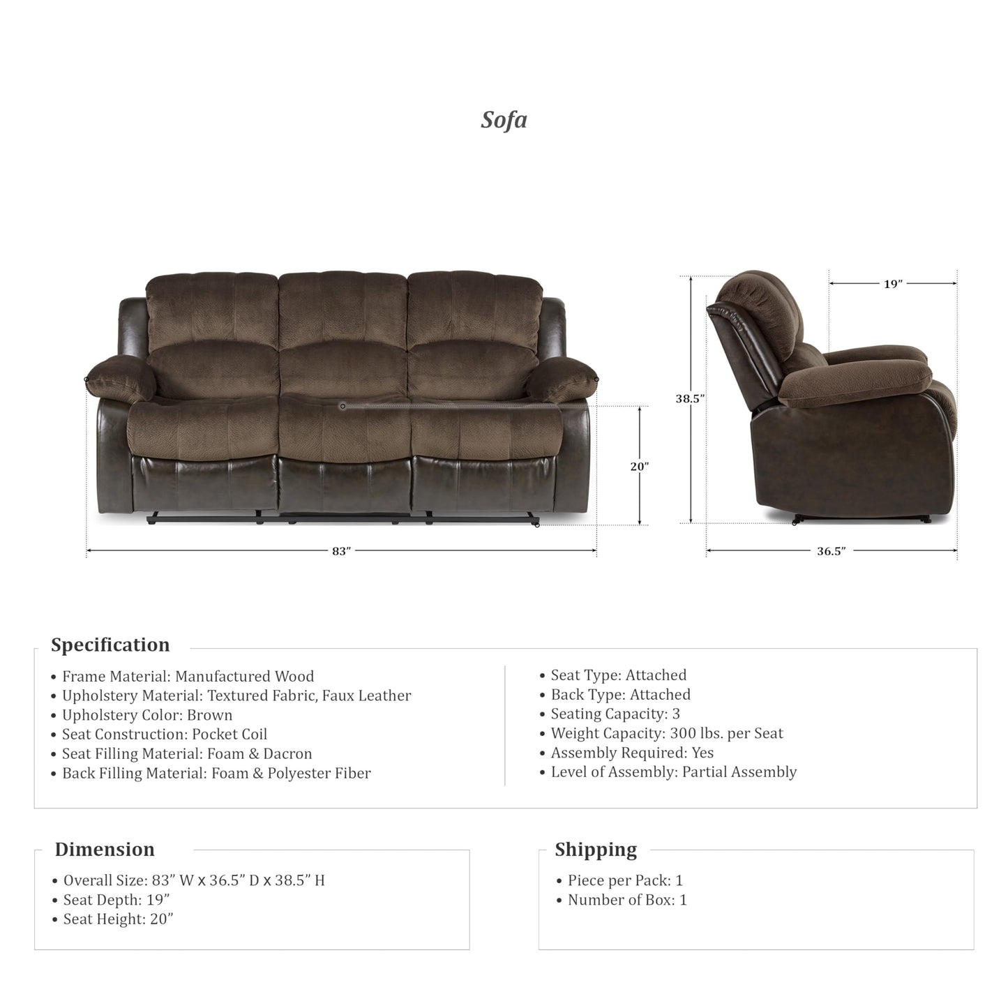 Homelegance Manual Double Reclining Sofa, Textured Microfiber Match Faux Leather Wall Hugger Recliner Sofa, High Density Foam Over Pocket Coils, for Living Room/Apartment, Brown