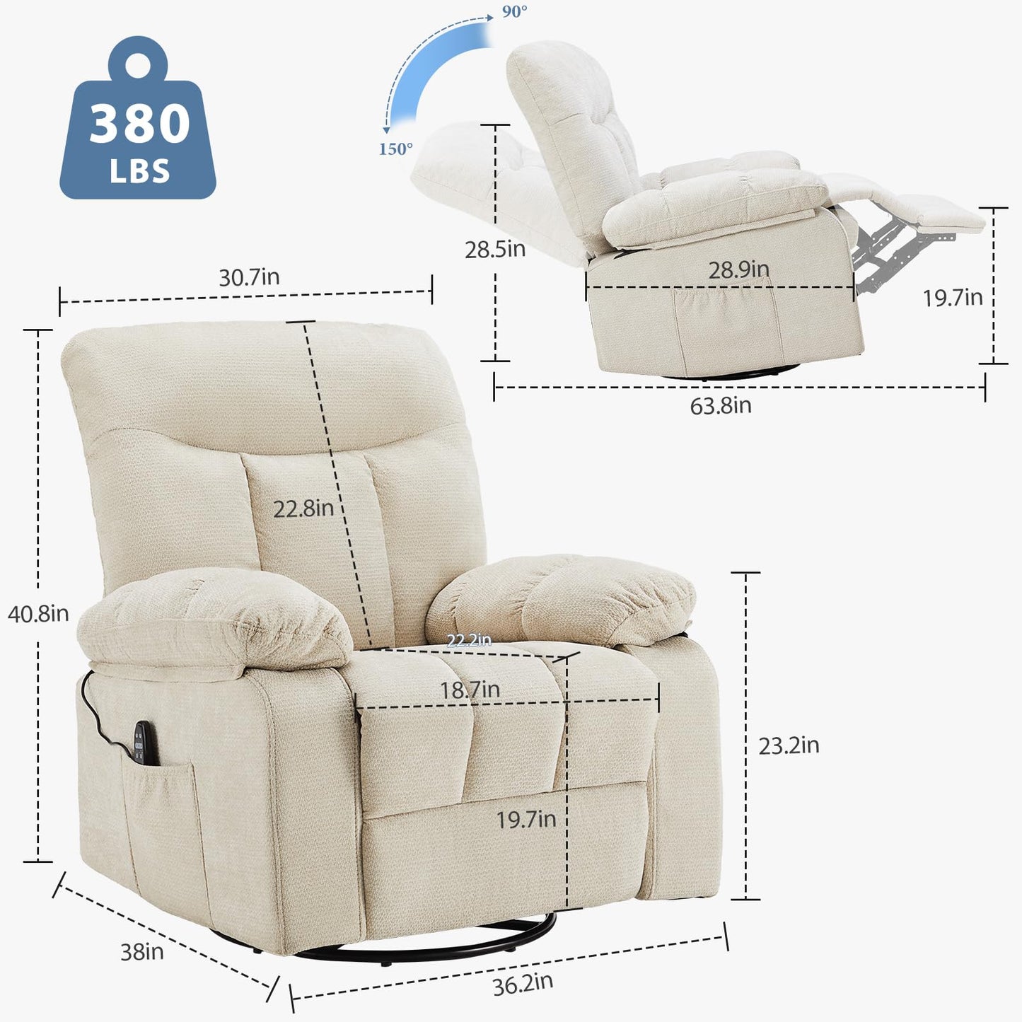 HAPPYMONT Recliner Chair, Durable & Tear-Resistant Massage Chair with Heating, Premium Chenille Fabric Massage Recliner Supports up to 380 LBS for Living Room, Bedroom, Beige