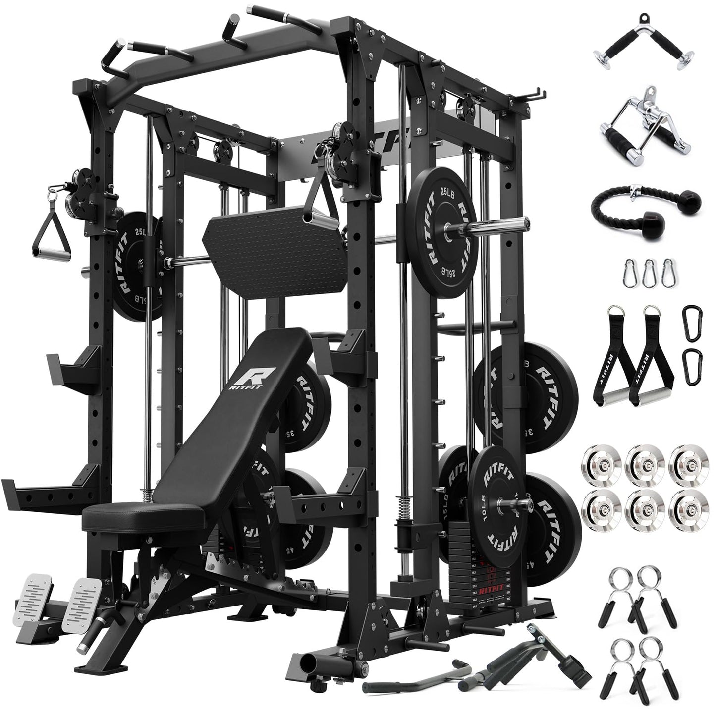 RitFit Buffalo Smith Machine Package, All-in-One Power Cage with Weight Stack , Power Rack with Cable Crossover & Leg Press Attachment for Home Gym(Black,BP260)