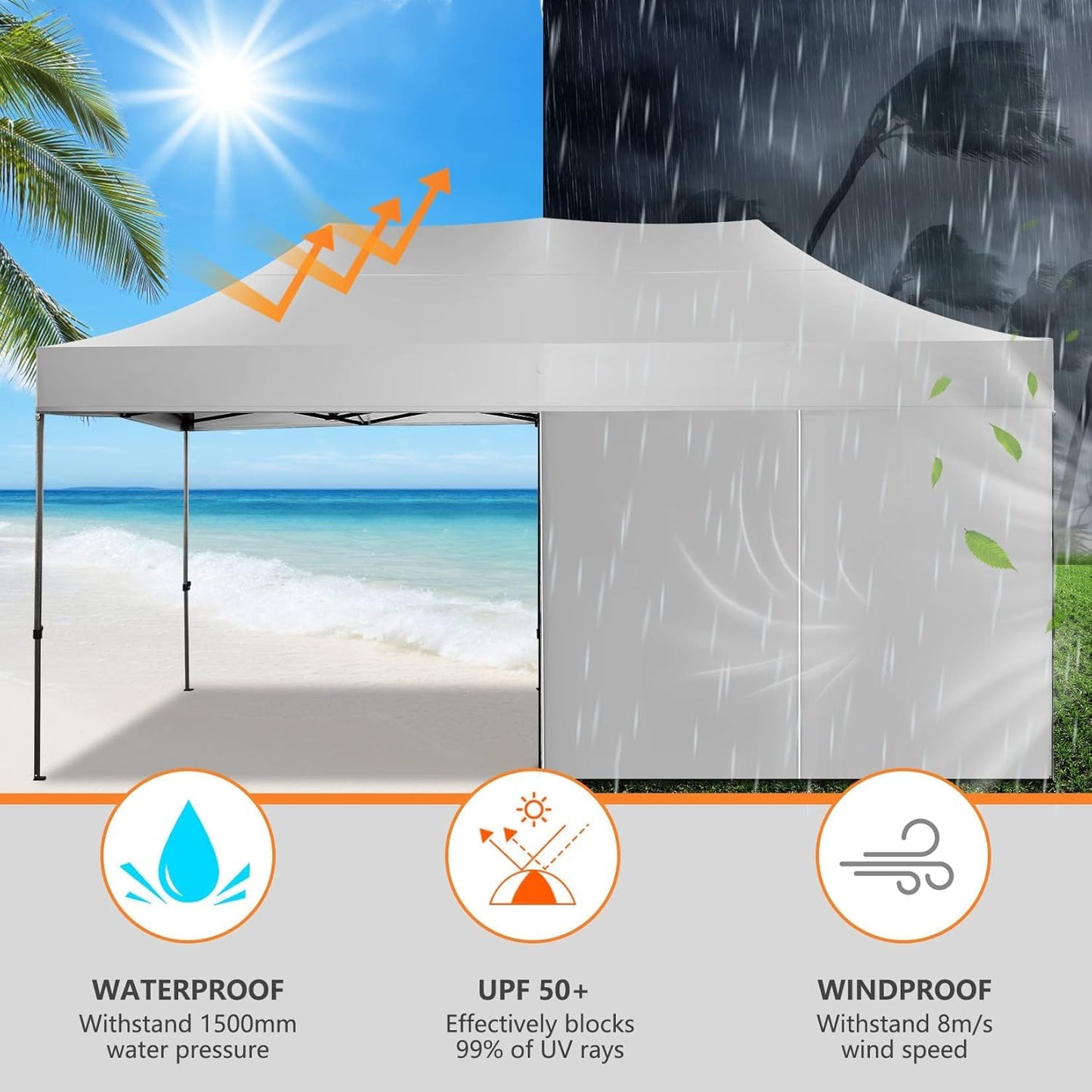 COBIZI 10x20 Pop up Canopy Tent Heavy Duty, Easy Set-up Commercial Outdoor Party Tents, 100% Waterproof Wedding Gazebo, 3 Height Adjustable with Wheeled Bag, White