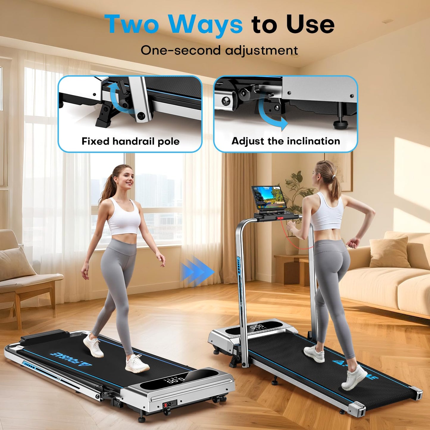 FOUSAE 5 in 1 Foldable Treadmill, 7.5 MPH Treadmills for Home with App Compatible, Treadmill with 10% Incline, 3.0HP Brushless Drive, Remote Control and LED Display, 12 HIIT Programs, 400 LBS Capacity