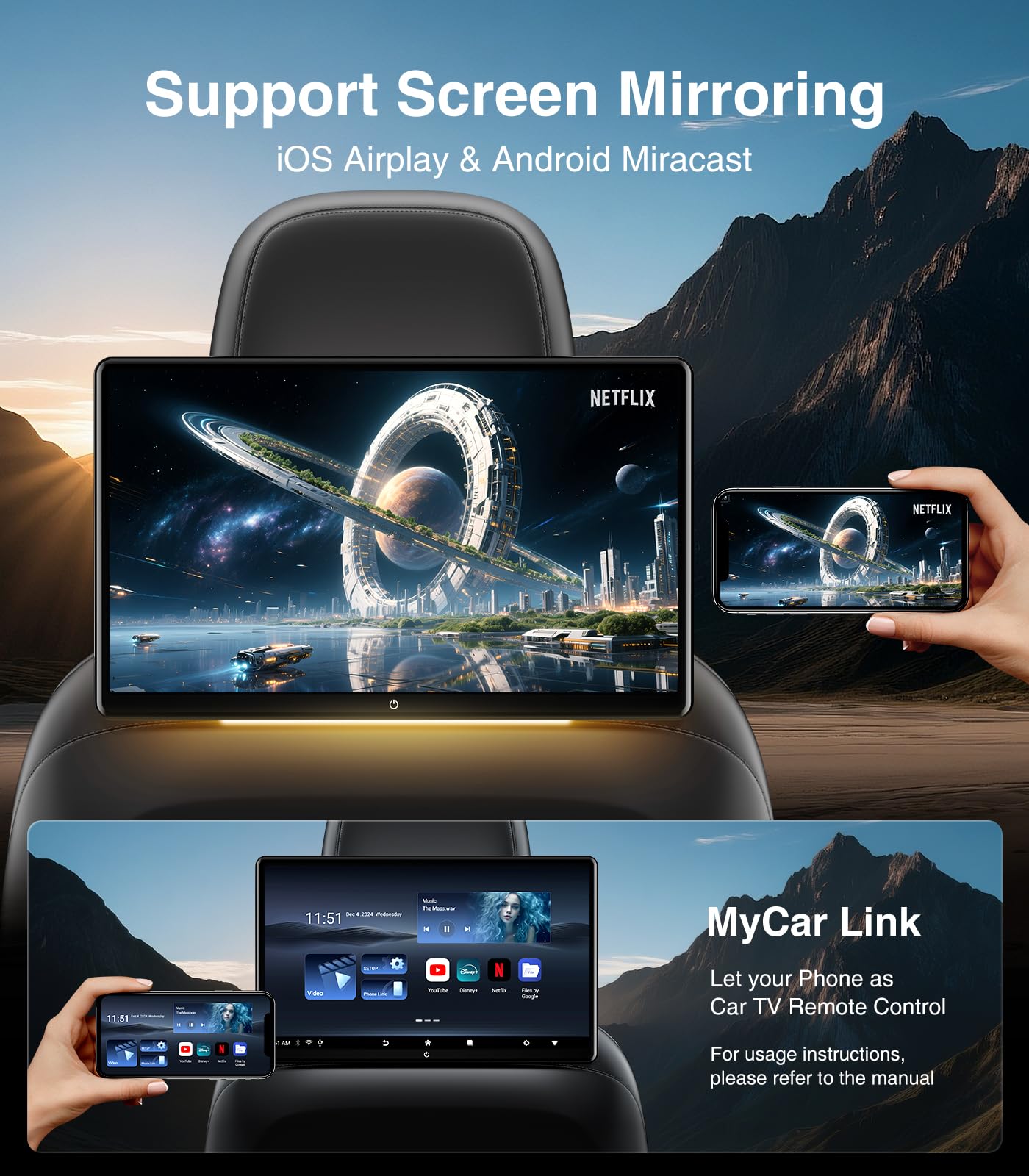 15.6inch Android 13 Headrest Monitor Car TV Touchscreen Entertainment System for Backseat,Support Phone Wireless Mirroring Sync Screen HDMI Bluetooth USB SD 4K Video Playback (2G+32G(2PCS))