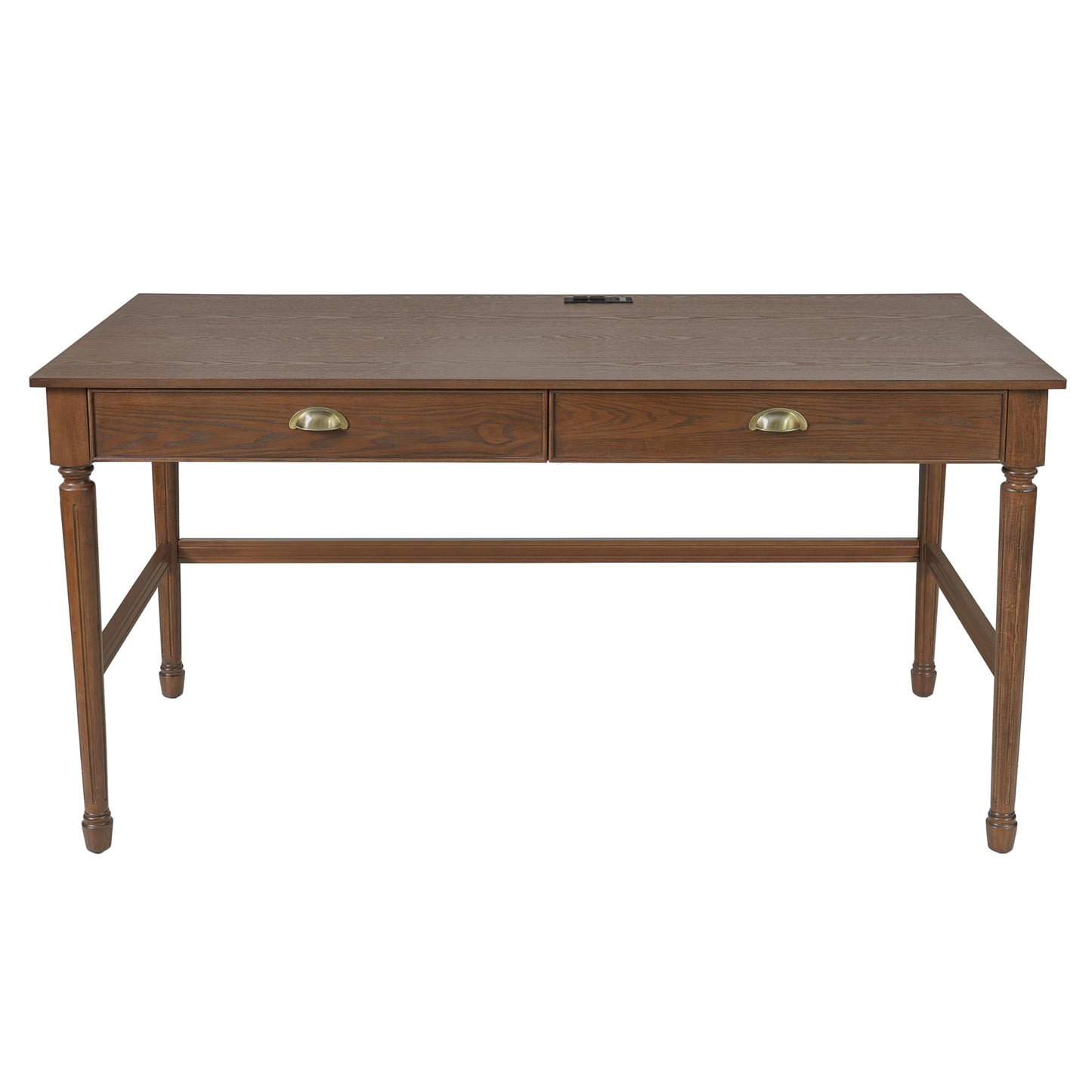 Merax 60" Home Office Desk with Power Outlets & USB, Writing Desk with 2 Drawers & Solid Rubber Wood Legs, Modern Workstation for Living Room, Bedroom & Study, Walnut