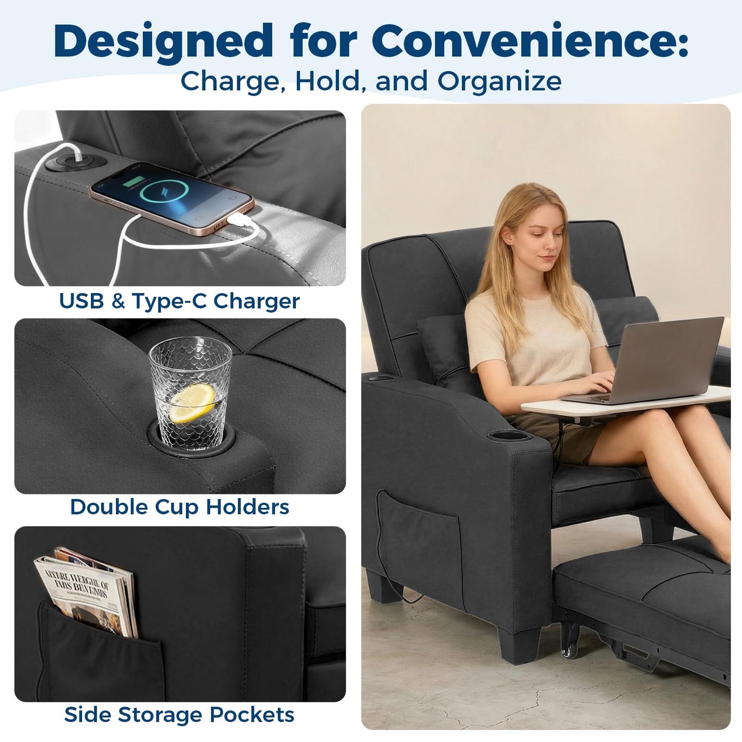 4 in 1 Convertible Sleeper Chair Bed with Vibration Massage Lumbar Pillow, Single Sofa Recliner Featuring USB/Type-C Port, Cup Holders & Side Pocket, Space-Saving Pull Out Bed for Small Spaces, Black
