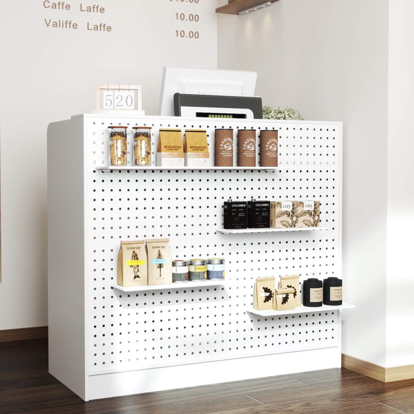AIEGLE Reception Desk with Counter & Pegboard, Modern Retail Checkout Counter with 2 Lockable Drawers & Adjustable Shelf, 47.2" White Reception Room Table for Salon, Lobby, Office