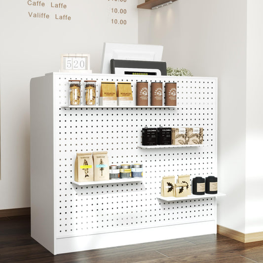 AIEGLE Reception Desk with Counter & Pegboard, Modern Retail Checkout Counter with 2 Lockable Drawers & Adjustable Shelf, 47.2" White Reception Room Table for Salon, Lobby, Office