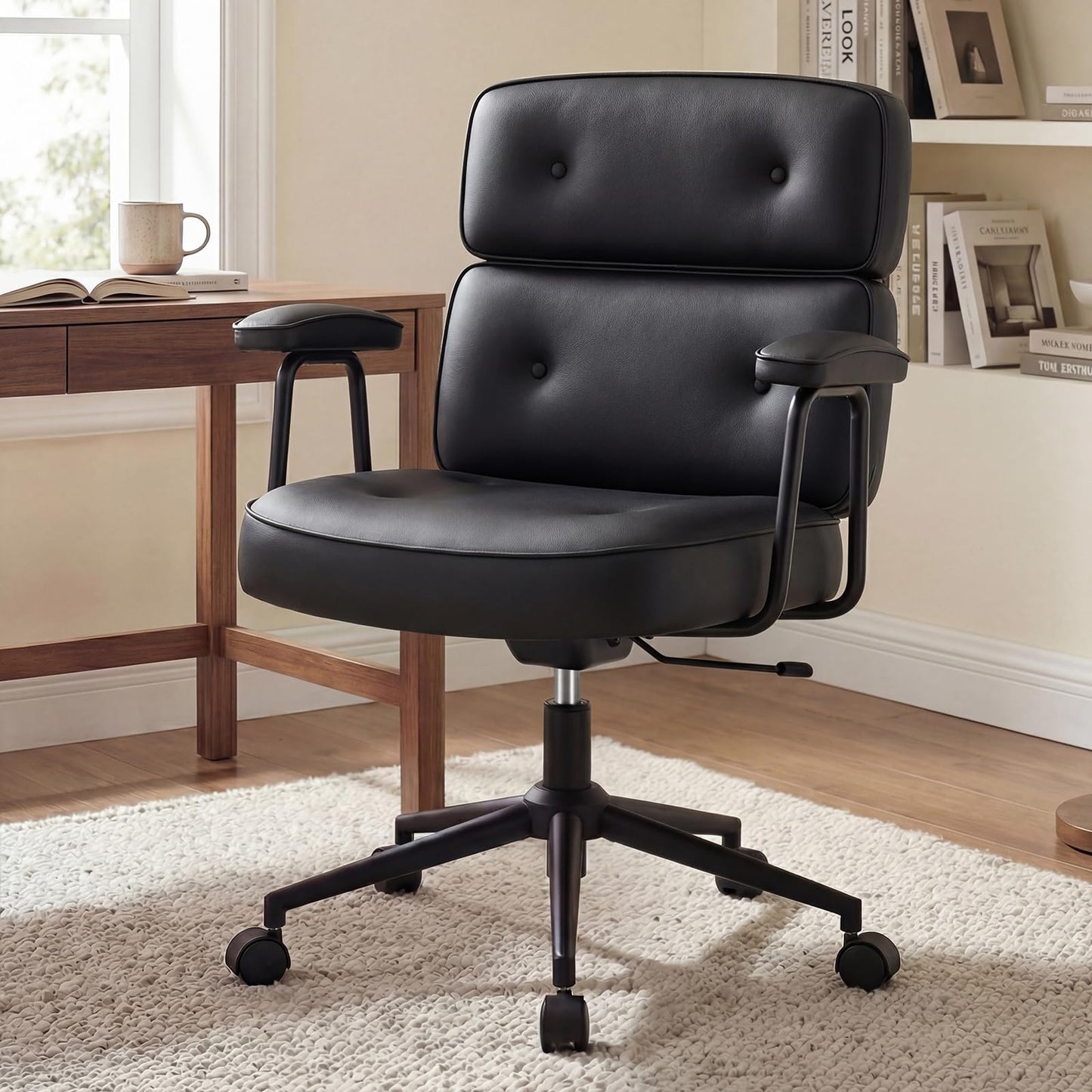 HAPPYMONT Ergonomic High Back Leather Office Chair, Executive Computer Desk Chair with Lumbar Support & Padded Arms, Adjustable Height 360° Rolling Swivel Task Chair for Home Office, Black