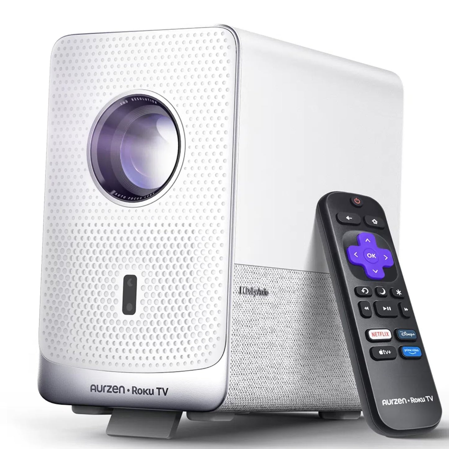 Aurzen Roku TV Smart Projector with Wifi and Bluetooth, D1R Cube Roku Streaming Experience Built-in, Sealed Optical Engine, 1080P FHD, DoIby Audio,Portable Mini Projector for Soccer Game/Outdoor Movie