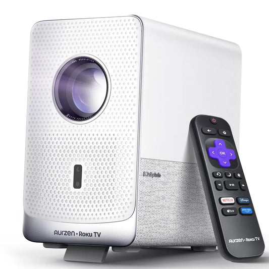 Aurzen Roku TV Smart Projector with Wifi and Bluetooth, D1R Cube Roku Streaming Experience Built-in, Sealed Optical Engine, 1080P FHD, DoIby Audio,Portable Mini Projector for Soccer Game/Outdoor Movie