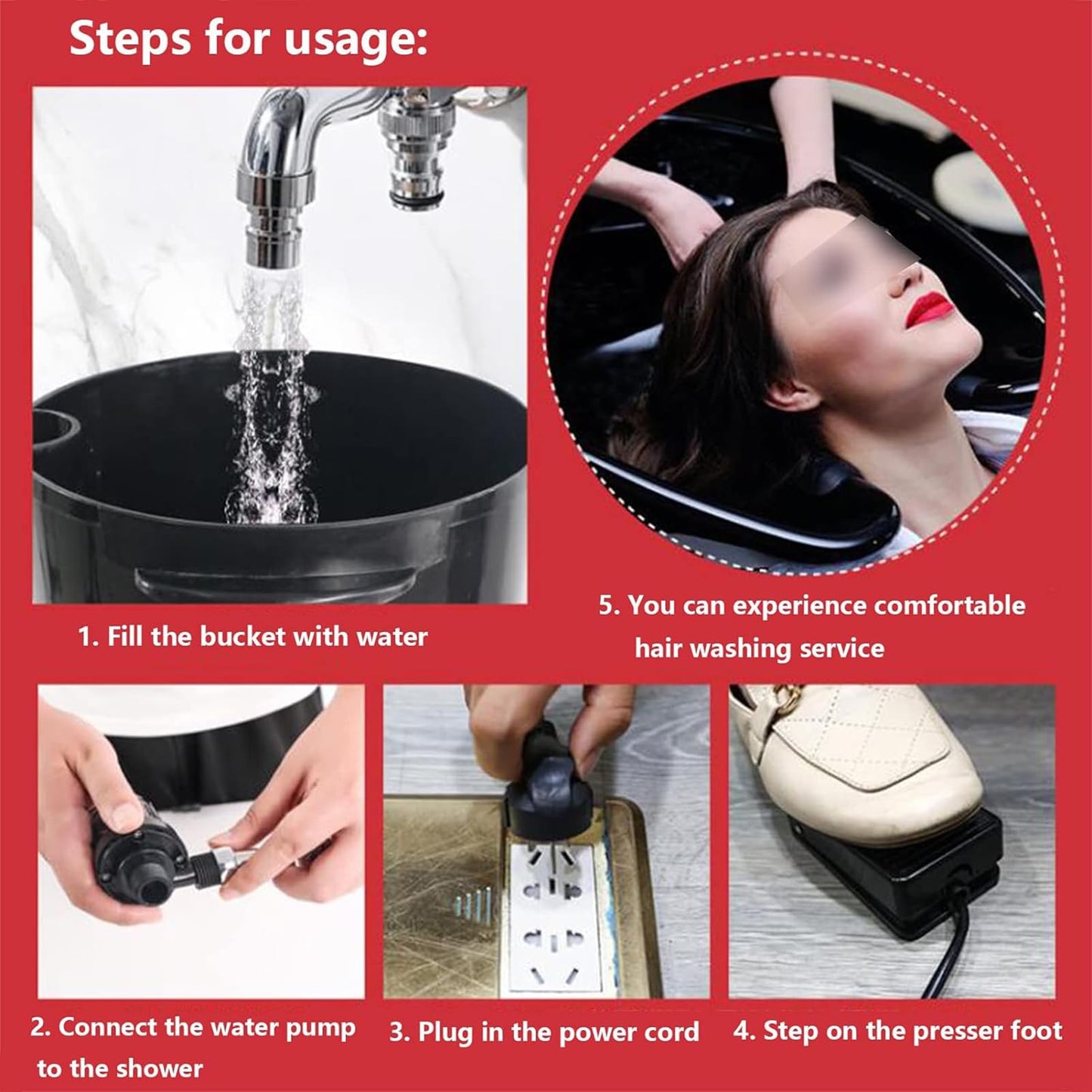Shampoo Bowl, Portable Hairdressing Backwash Unit Salon Wash Hair Basin Sink with Electric Pump and 2 10 L Tanks Buckets, height and angle adjustable, Ideal for Barber Shops, Elderly & Maternity